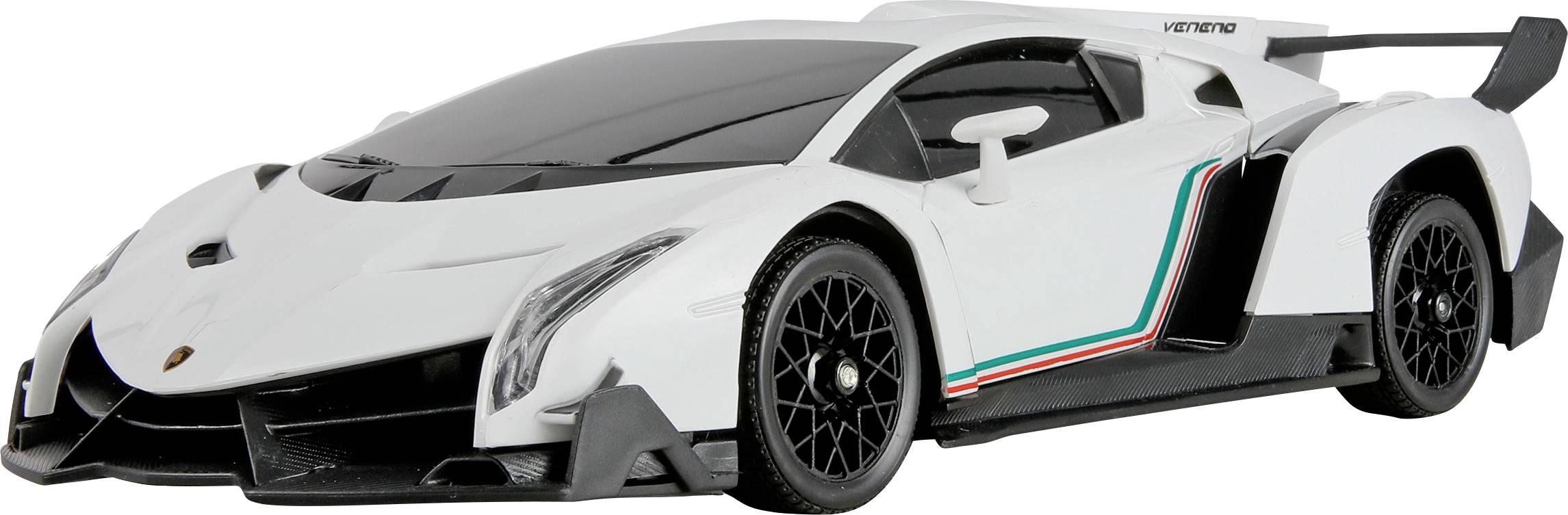 Elegantan, bijeli sportski automobil s kutnim dizajnom, crnim kotačima i stražnjim spoilerom. Ima crne naglašene elemente te prugu u crveno, bijelo i zeleno.