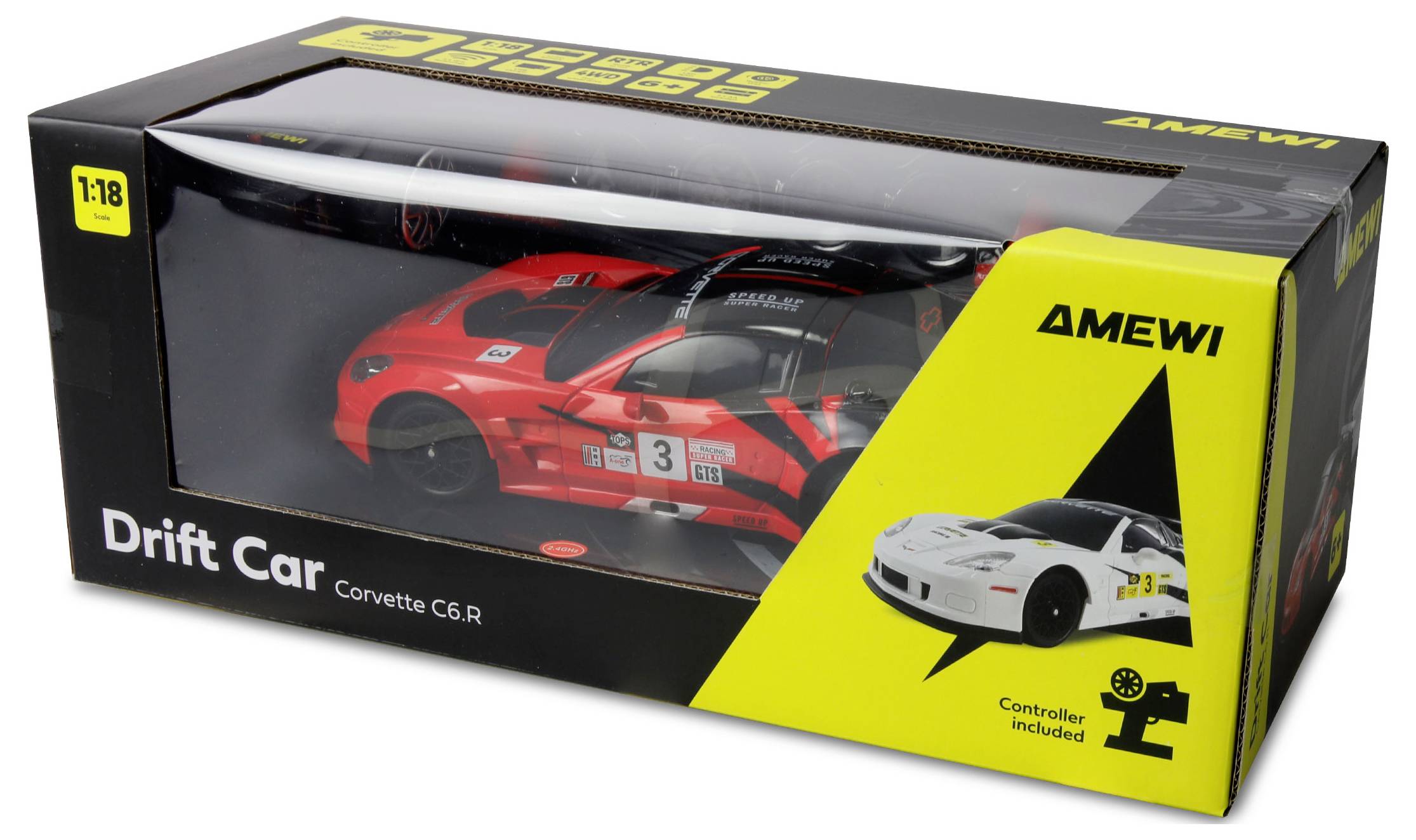Ambalaža 'AMEWI Drift automobil Corvette C6.R', koja uključuje crveni model automobila i kontroler.