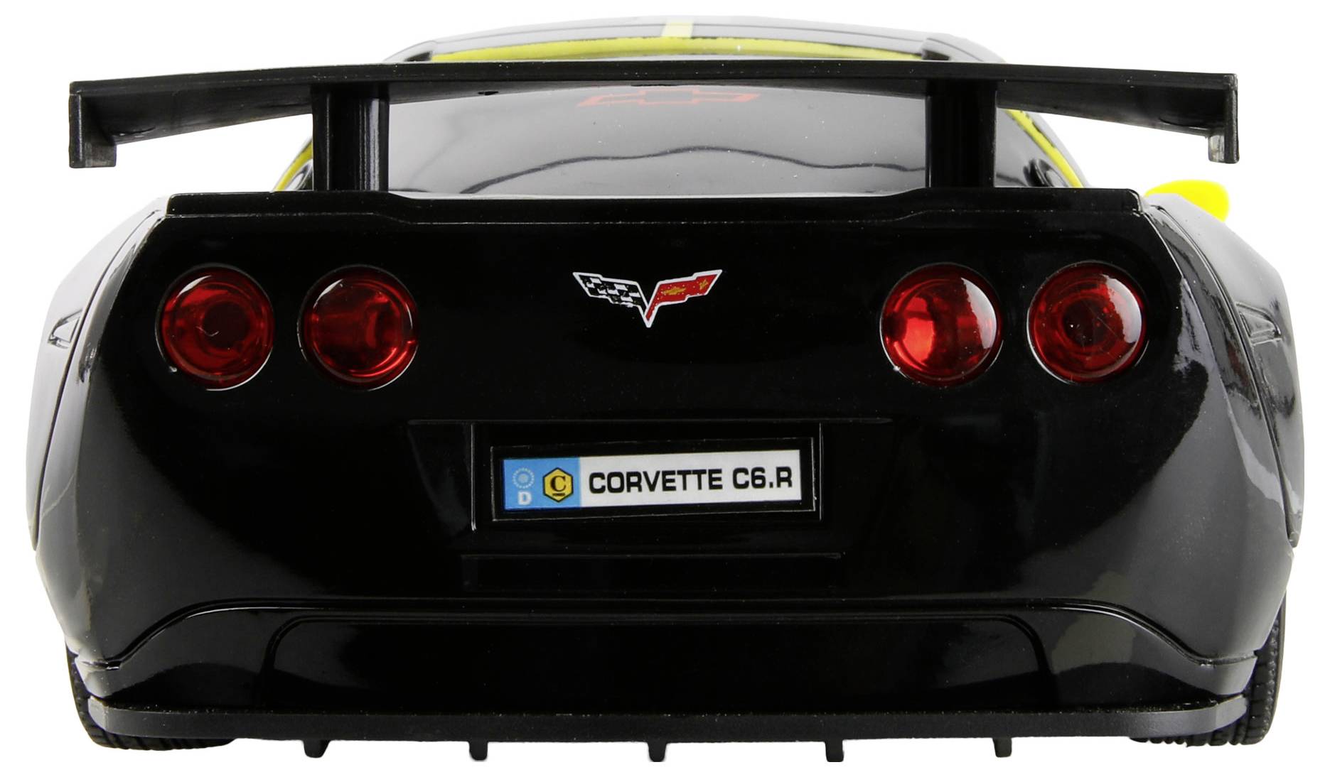 Slika prikazuje pogled straga na crni model automobila Corvette C6.R s crvenim stražnjim svjetlima i vidljivom registarskom tablicom na kojoj piše 'Corvette C6.R'.