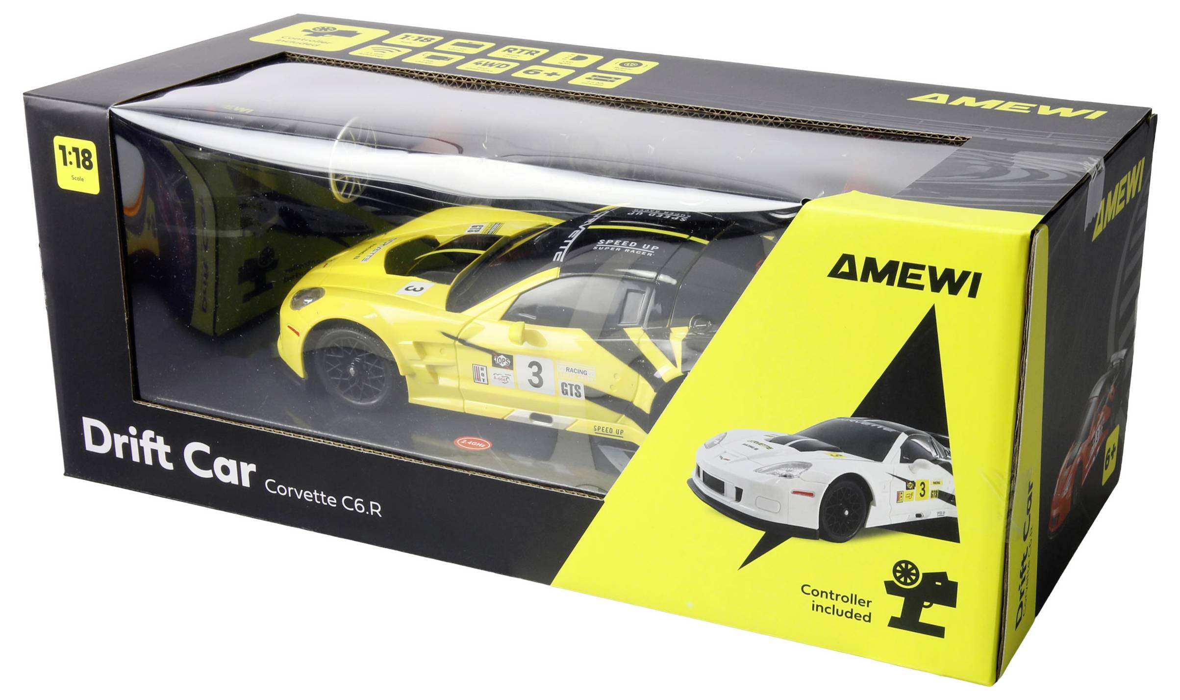 Žuti Corvette C6.R drift auto model prikazan u kutiji označenoj kao 'Drift Auto', s uključenim daljinskim upravljačem.