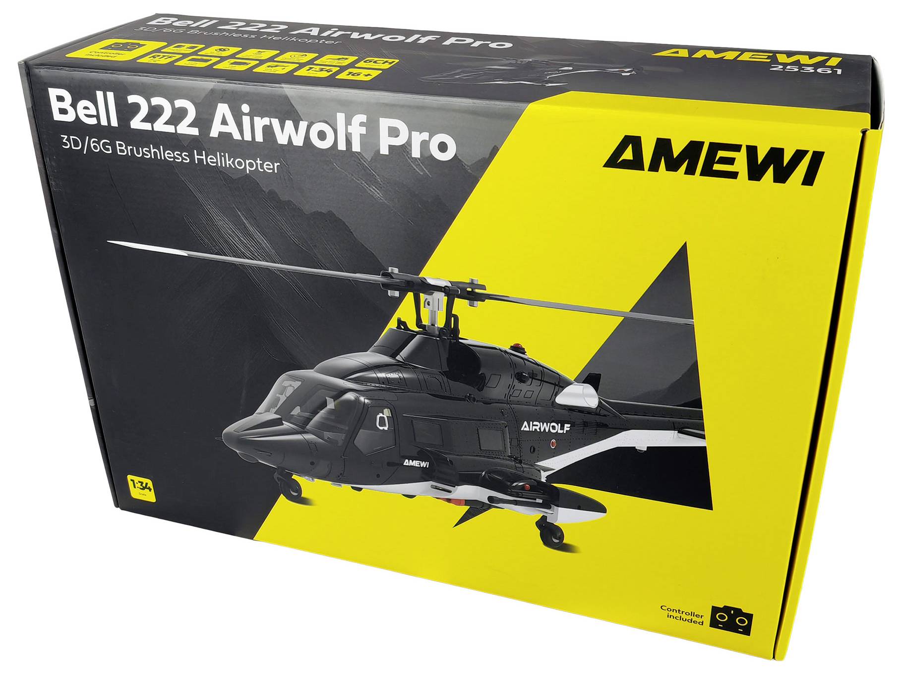 Kutija modela helikoptera 'Bell 222 Airwolf Pro' tvrtke AMEWI, s crno-bijelom slikom helikoptera na žutoj pozadini, označena kao 3D/6G Brushless.