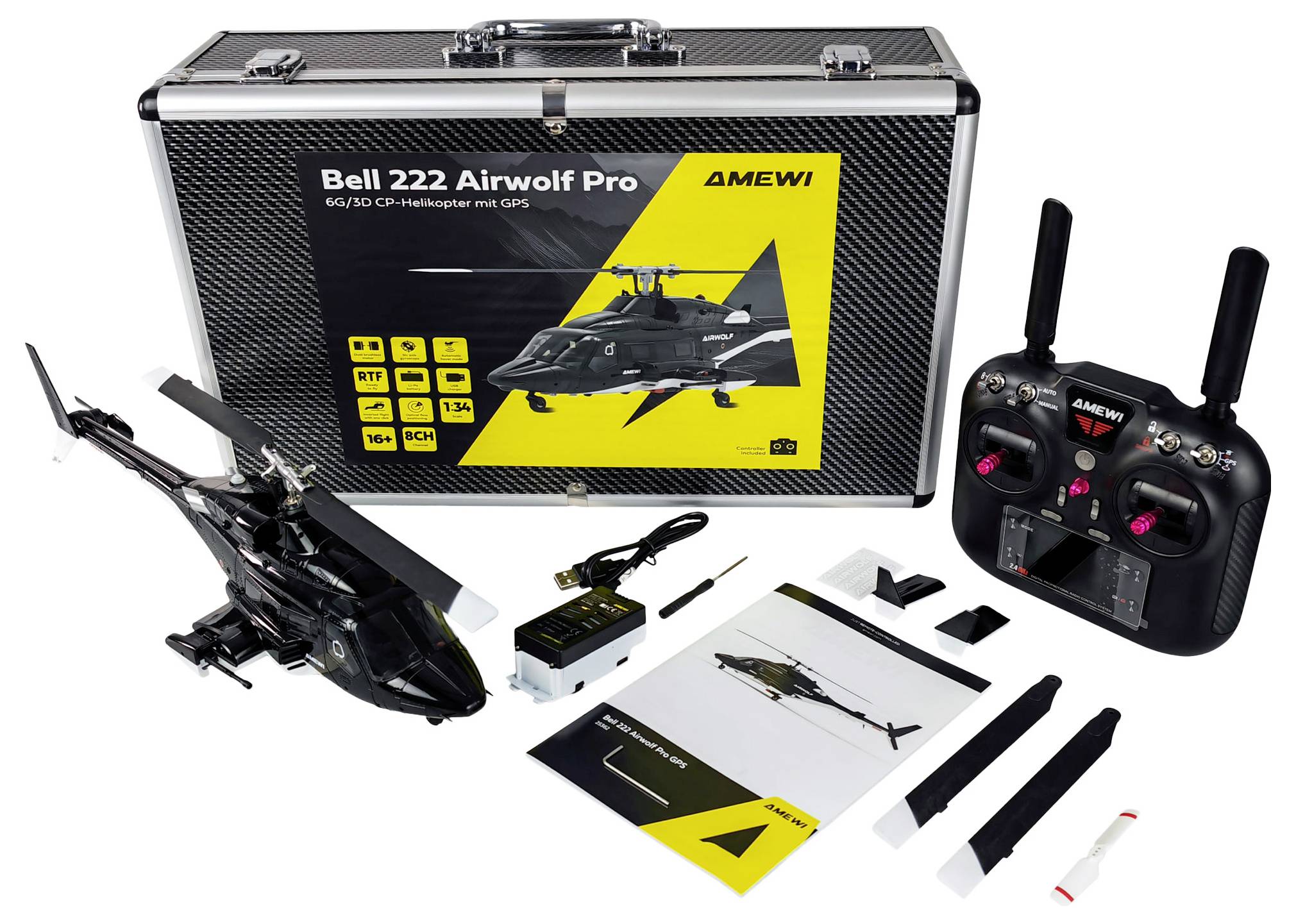 Komplet helikoptera 'Bell 222 Airwolf Pro' s modelom, daljinskim upravljačem, punjačem i uputama prikazan. Crni transportni kofer označen nazivom proizvoda.