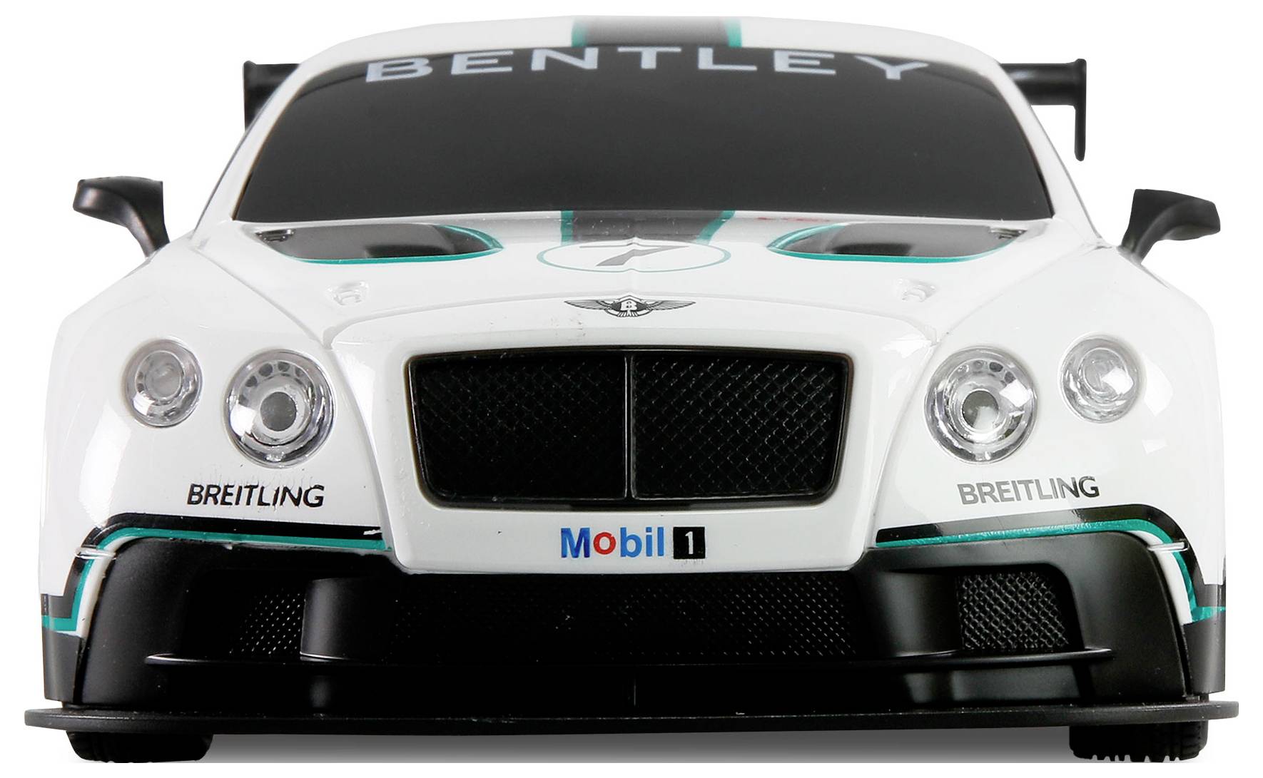 'Bijeli Bentley trkaći automobil, pogled sprijeda, s logotipima Breitlinga i Mobil 1.'