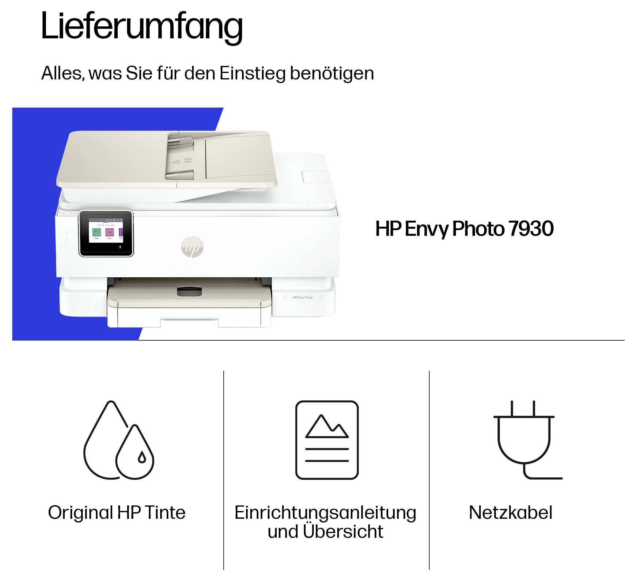 Sadržaj paketa za HP Envy Photo 7930: Printer, originalna HP tinta, vodič za postavljanje i pregled te mrežni kabel.