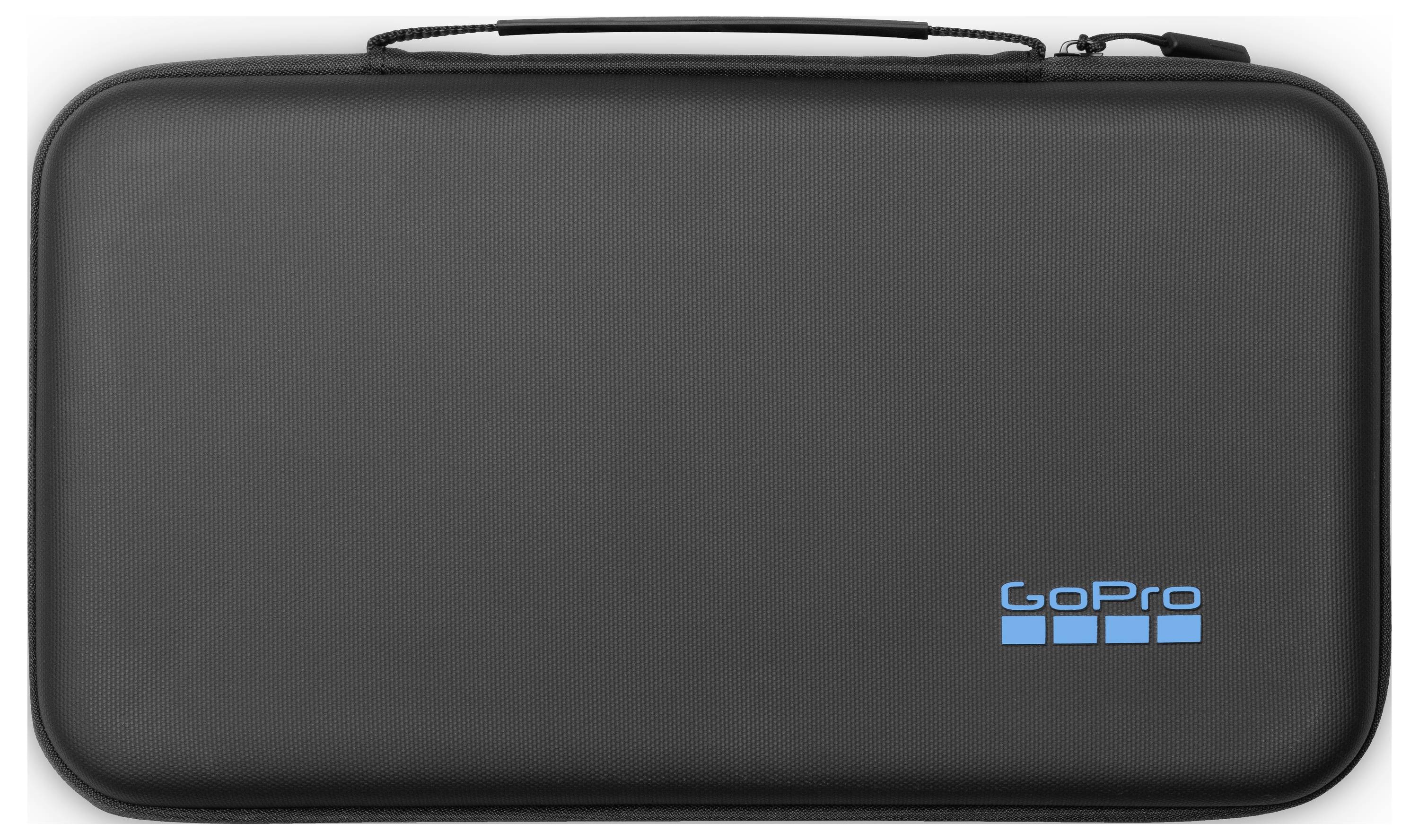 Crni GoPro etui s ručkom i plavim GoPro logotipom u donjem desnom kutu, dizajniran za pohranjivanje i zaštitu GoPro kamera i dodatne opreme.