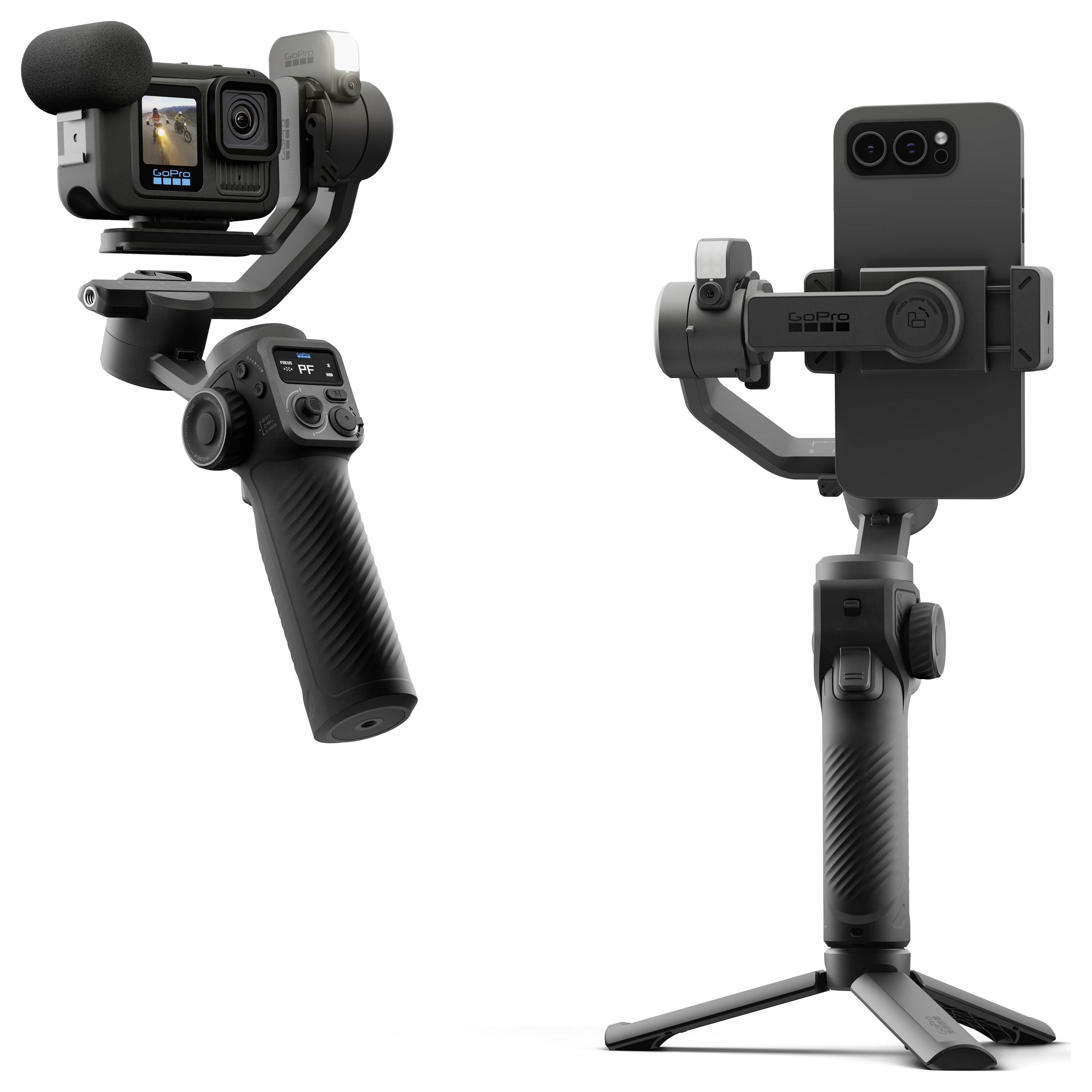 Dva stabilizatora kamere prikazana; jedan drži action kameru, drugi pametni telefon. Svaki uređaj je postavljen na ručni gimbal.