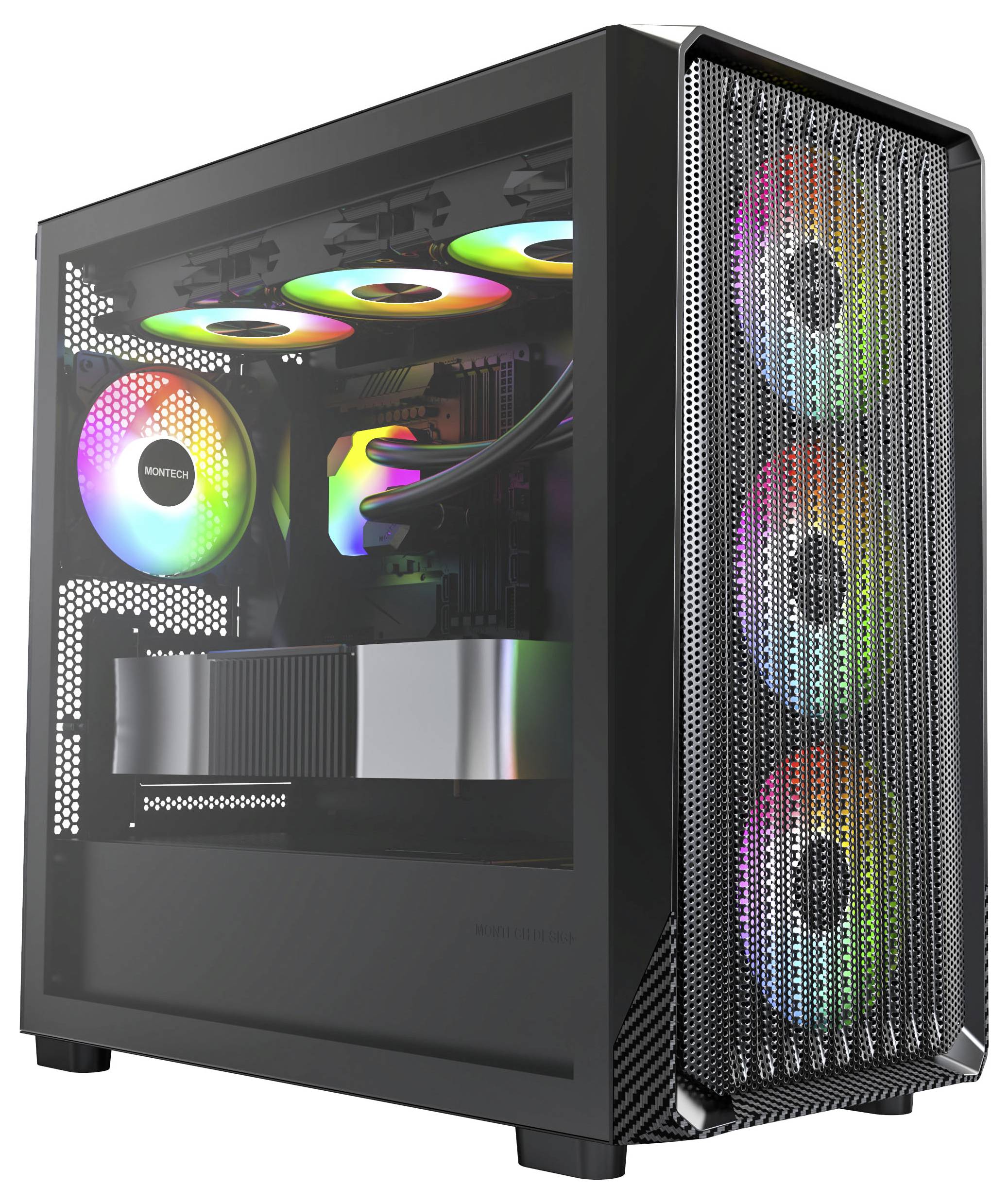 Računalni toranj s prozirnom bočnom stijenkom prikazuje unutarnje komponente osvjetljene šarenim RGB svjetlima, uključujući ventilatore i sustave hlađenja.