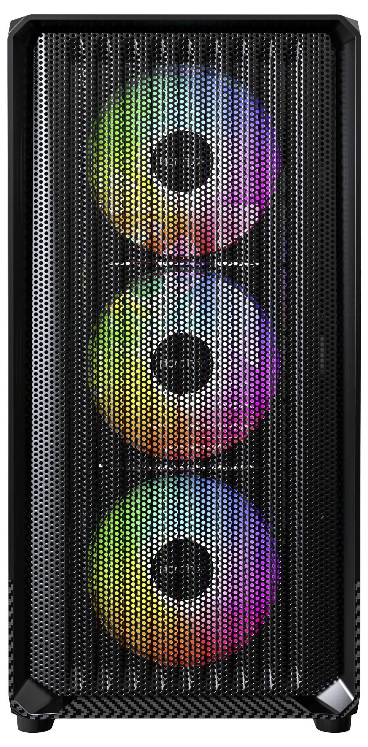 Prednja strana crnog kućišta računala s mrežastim dizajnom, koja sadrži tri okomito poredana, šareno RGB osvjetljene ventilacijska ventilatora.