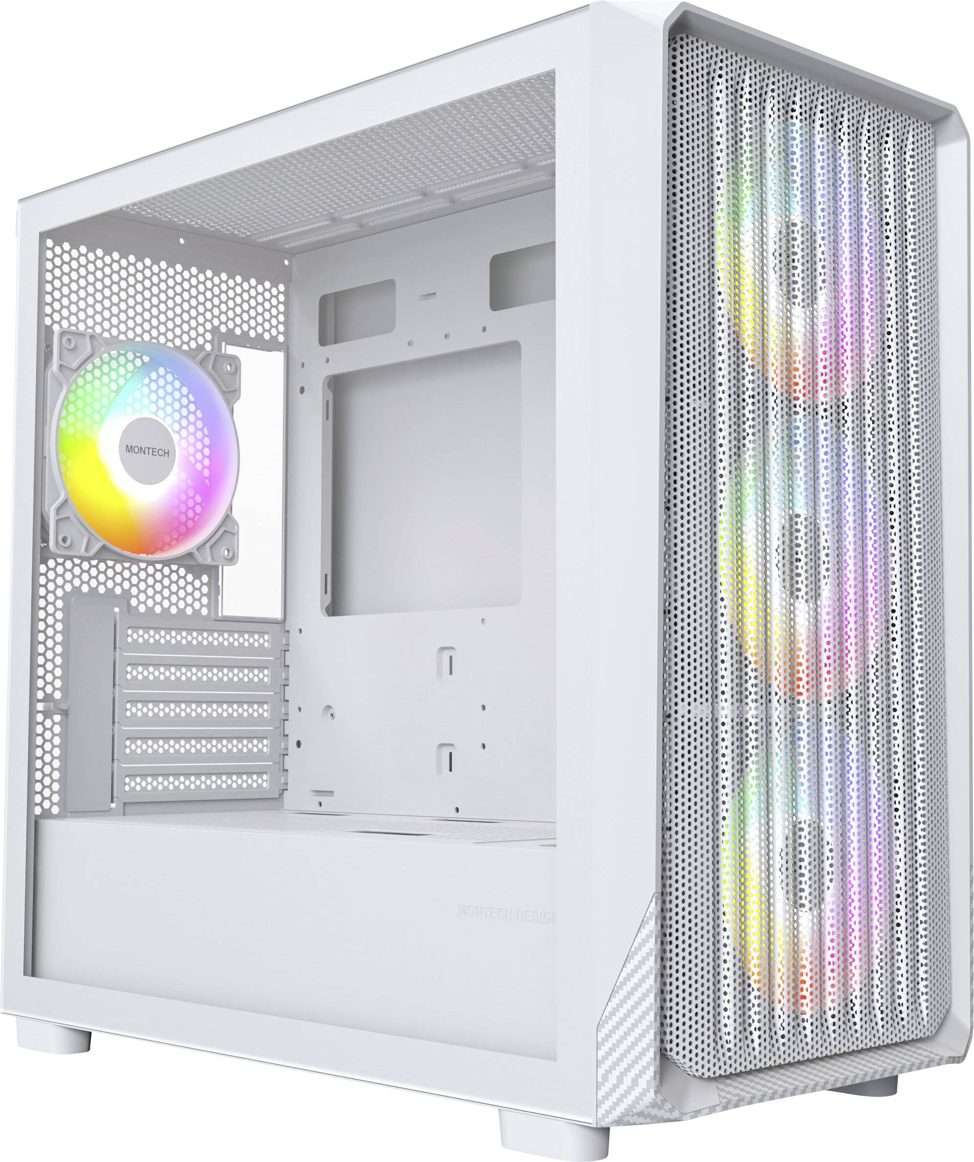 Bijeli računalni okvir koji na prednjoj i stražnjoj strani ima RGB ventilatore, s mesh prednjom pločom za protok zraka, prikazujući prazan unutrašnji prostor za komponente.