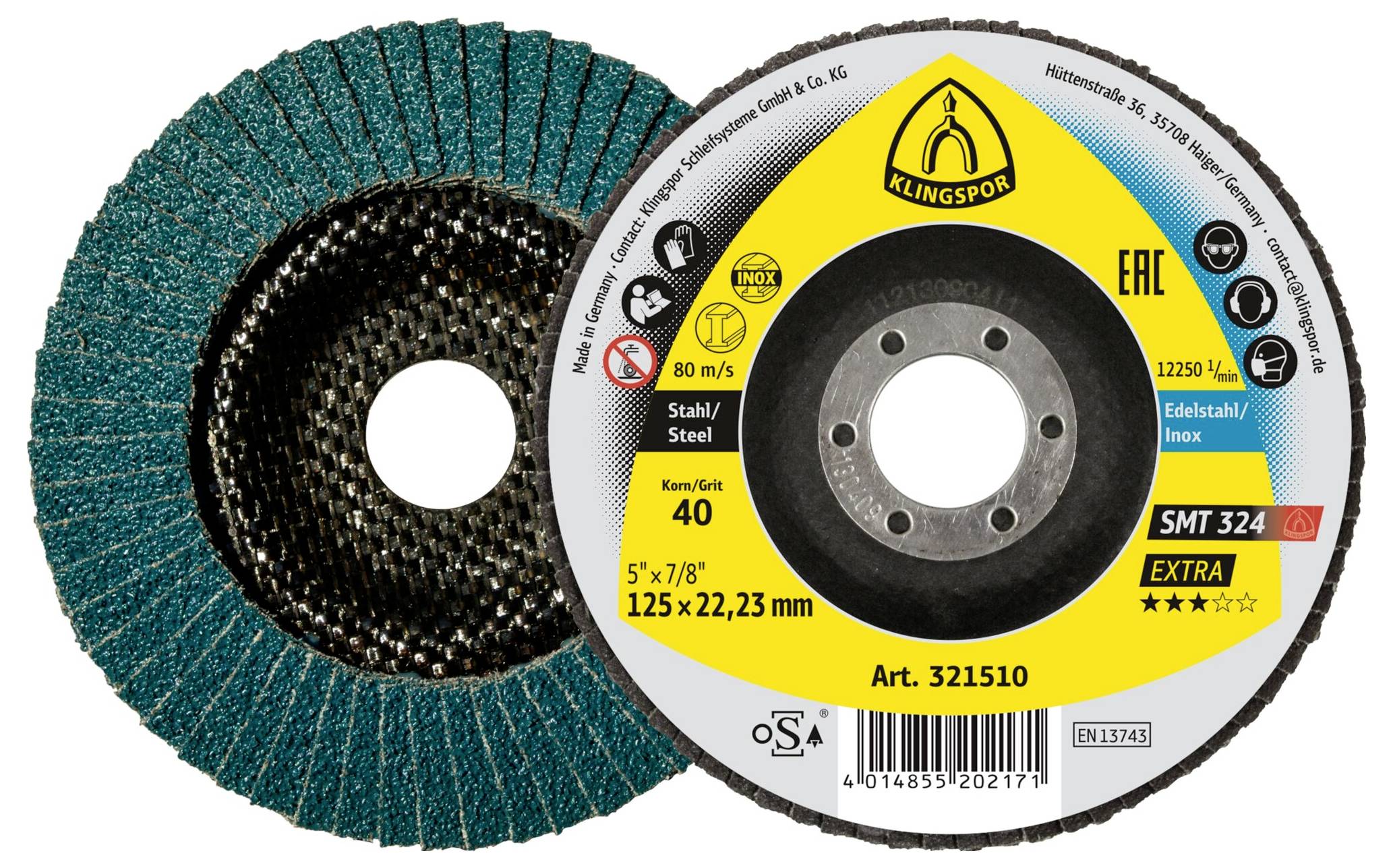 Abrazivni lamelni disk tvrtke Klingspor, model SMT 324, za čelik i inox, promjera 125 mm, granulacije 40, s brzinom rotacije do 12.250 okretaja u minuti.