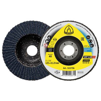 Abrazivni lepezasti disk za metal, oznake SMT 628 SUPRA, 125 x 22,23 mm, zrnatost 40. Namijenjen nehrđajućem čeliku, prikazuje simbole certifikacije i brzine.