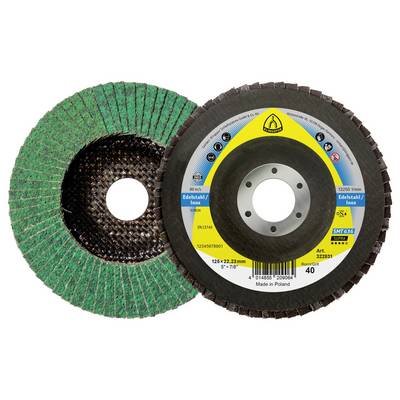 Abrazivni lamelni disk, napravljen u Poljskoj, za nehrđajući čelik, granulacija 40, veličina 125x22,23 mm, model SMT 636. Uključuje sigurnosne i simbole za upotrebu.