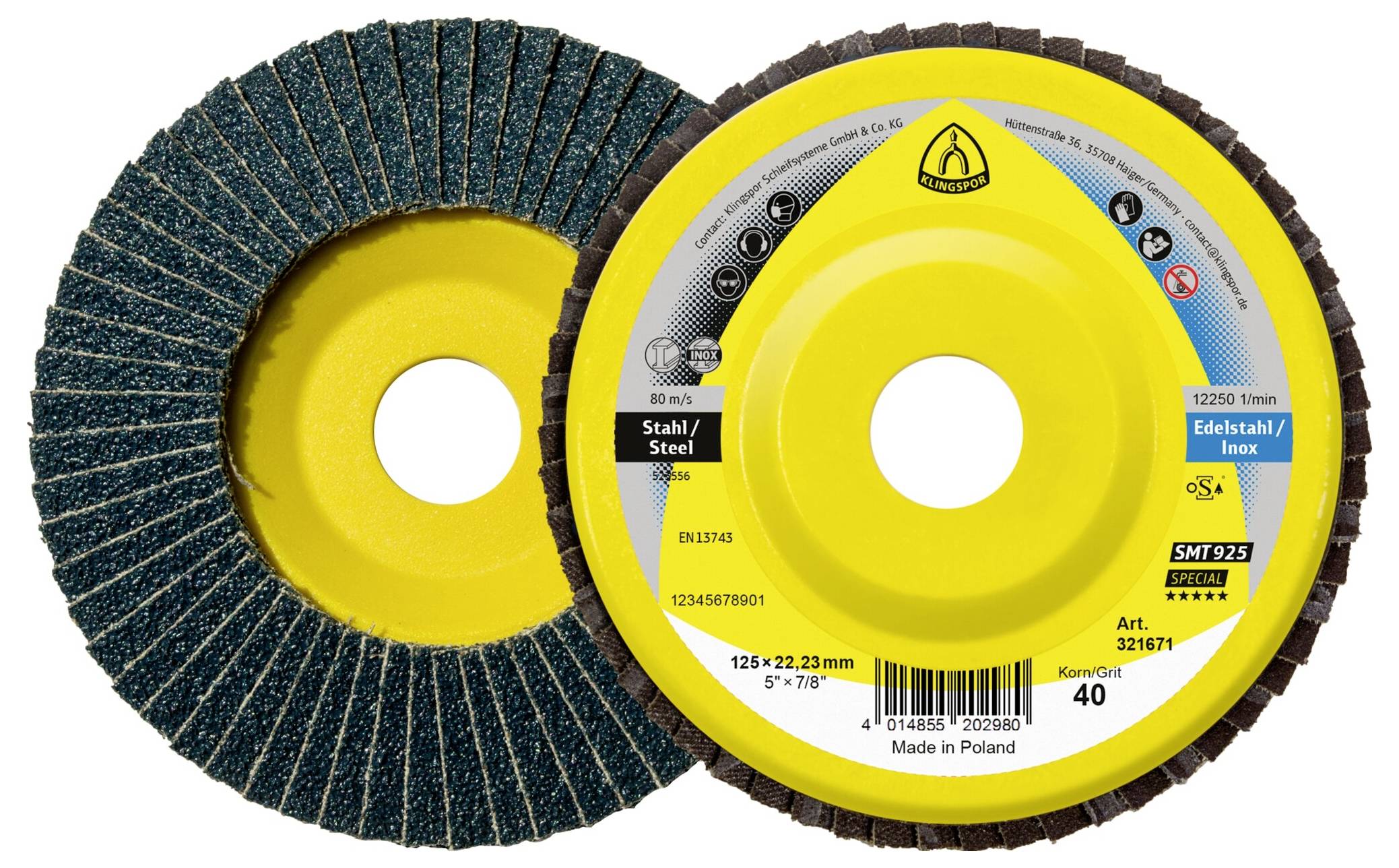 'Abrazivni lepezasti diskovi: jedan s vidljivom površinom za brušenje, drugi pokazuje naljepnice koje uključuju veličinu (125x22,23 mm) i granulaciju (40). Izrađeno u Poljskoj.'