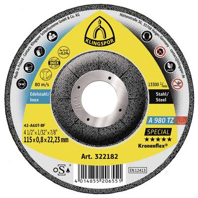 Naljepnica reznog diska prikazuje specifikacije: 115mm x 0,8mm x 22,23mm, max 13300 okretaja/min, za metal i čelik. Marka 'Klingspor Kronenflex'.