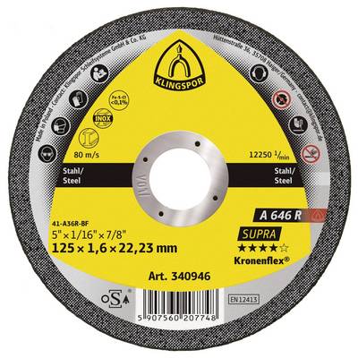 Okrugli abrazivni rezni disk s logotipom marke u centru. Namijenjen je za čelik, dimenzija 125 mm x 1,6 mm x 22,23 mm, s brojem proizvoda 340946.