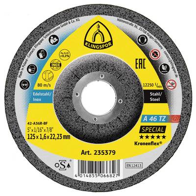 Okrugli metalni rezni disk oznake 'Klingspor', dimenzija 125x1,6x22,23 mm, pogodan za nehrđajući čelik, s ikonama sigurnosti i upotrebe.