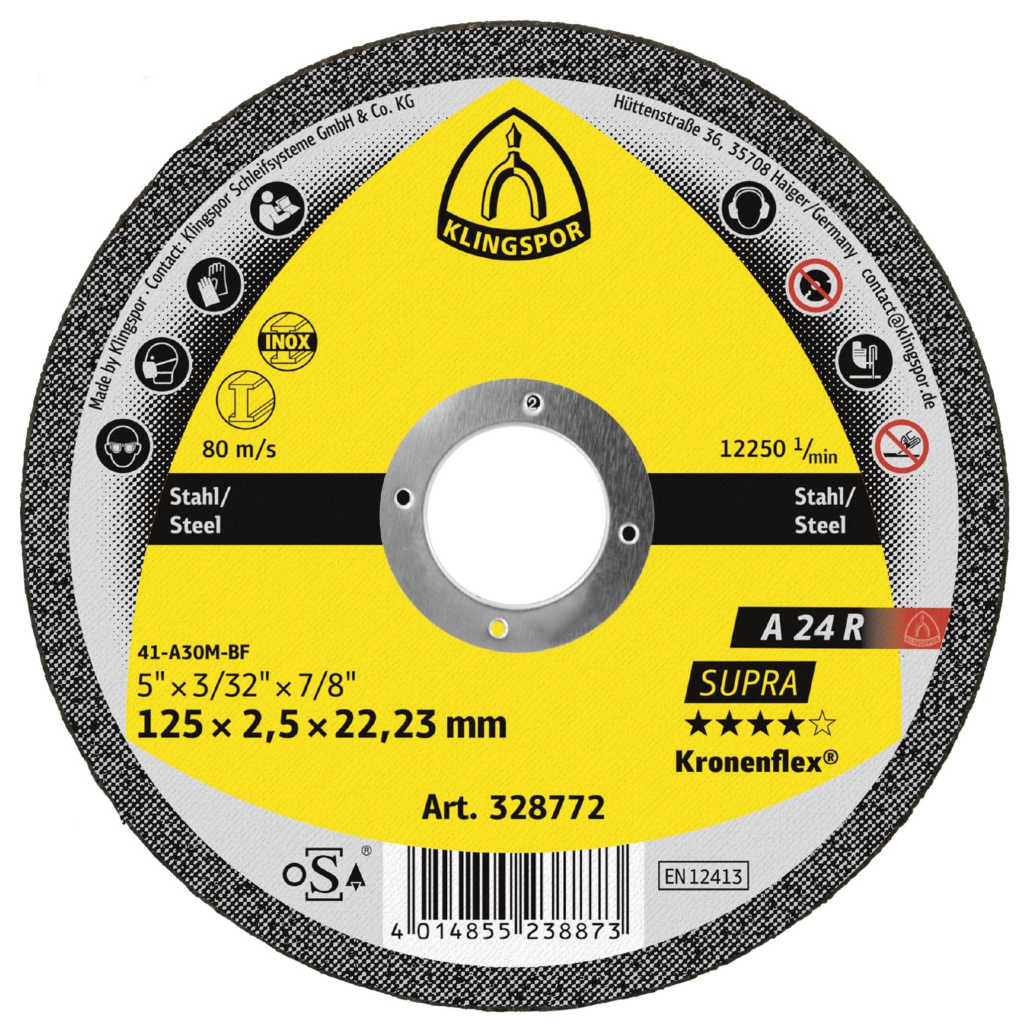 Brusni disk oznake 'Klingspor', 125 x 2,5 x 22,23 mm, za čelik. Brzina: 80 m/s, 12250 o/min. Model: A 24 R, Art. 328772.