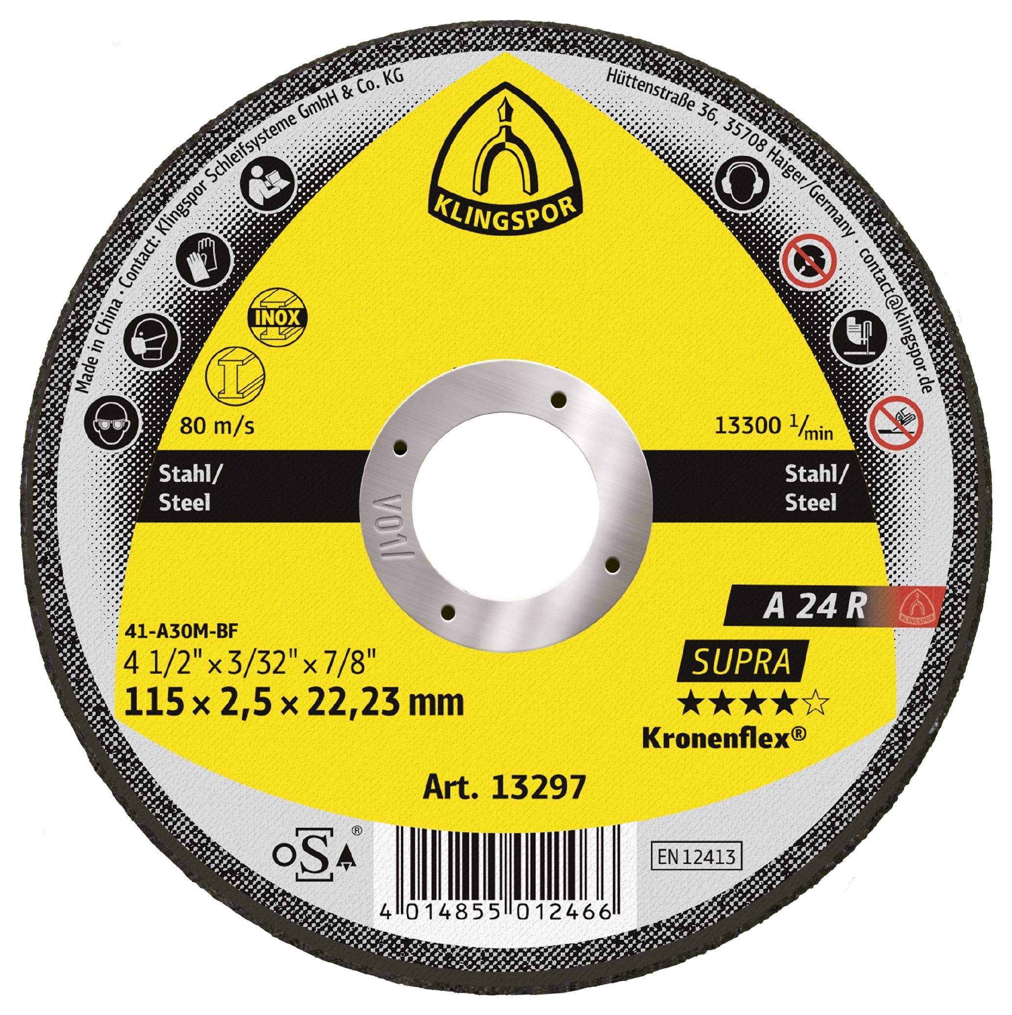 Klingspor A 24 R Supra 13297 Doorslijpschijf recht 115 mm 25 stuk(s) Staal
