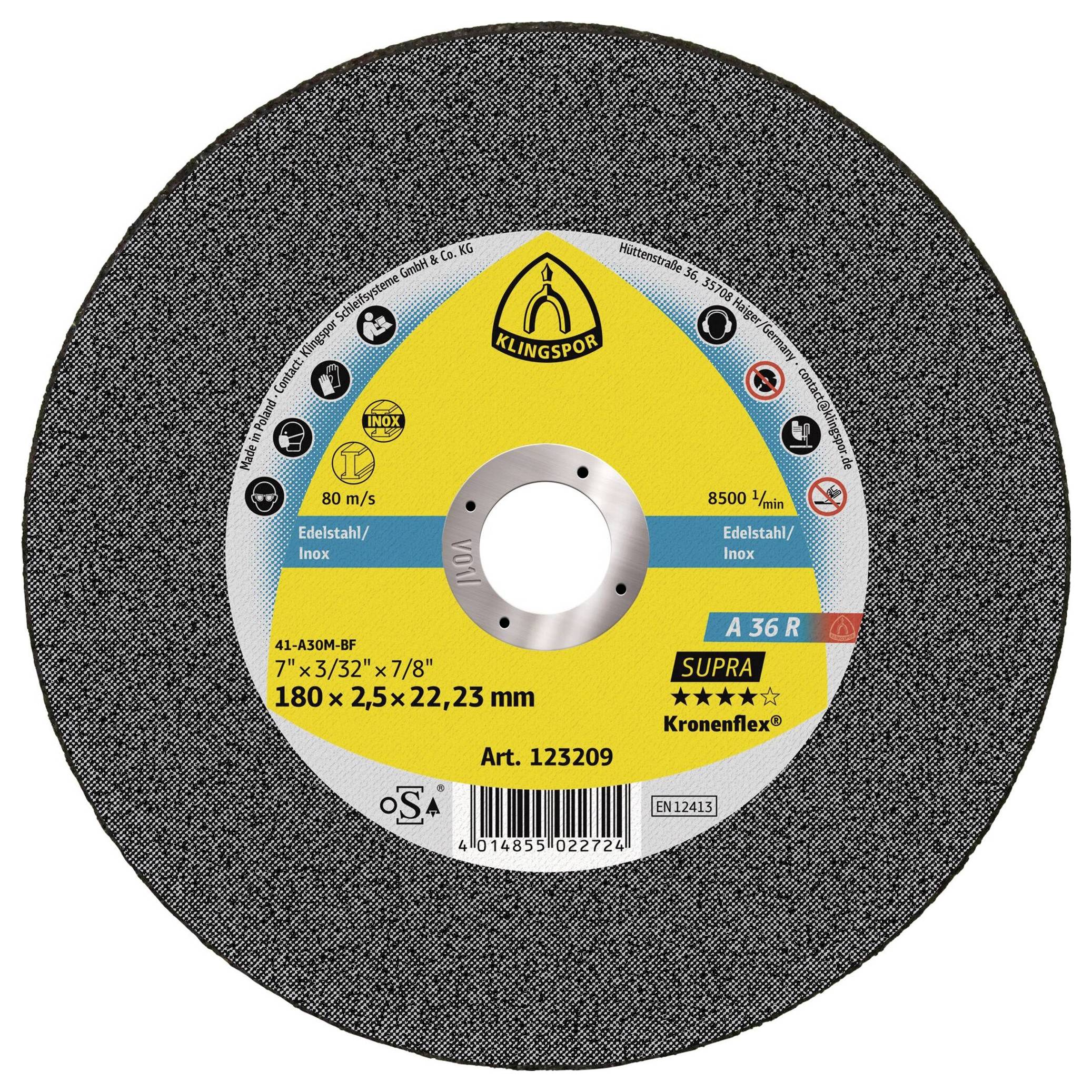 Klingspor A 36 R Supra 123209 Doorslijpschijf recht 180 mm 25 stuk(s) RVS