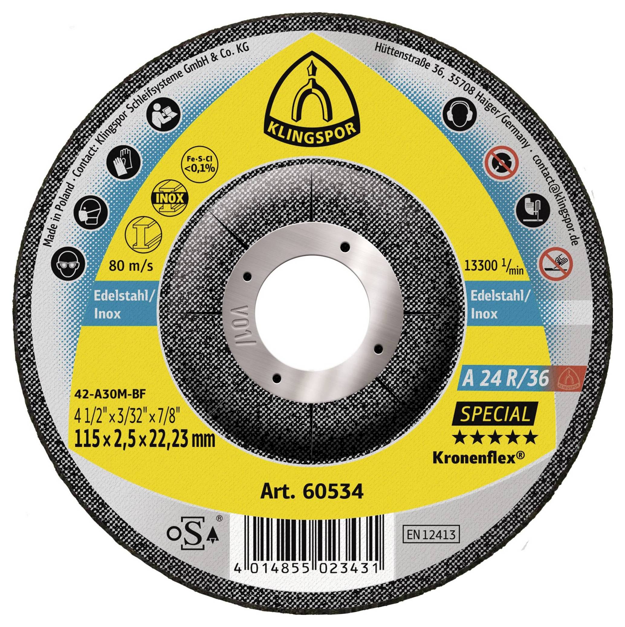 Klingspor A 24 R/36 Special 60534 Doorslijpschijf gebogen 115 mm 25 stuk(s) RVS