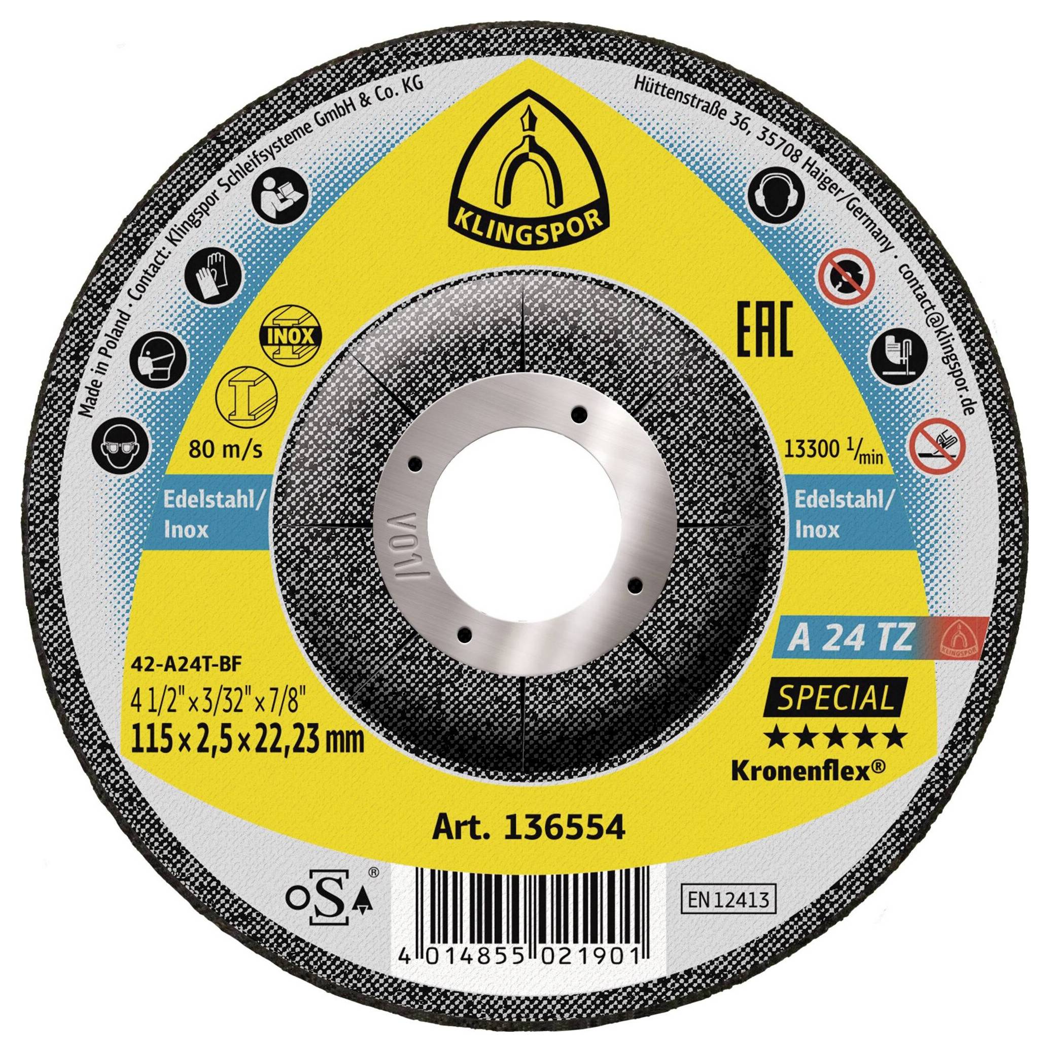 Klingspor A 24 TZ Special 136554 Doorslijpschijf gebogen 115 mm 25 stuk(s) RVS