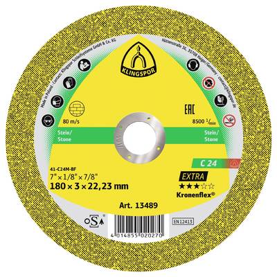 Rezni disk 'Klingspor' oznake '180 x 3 x 22, 23 mm 7" x 1/8" x 7/8"' za rezanje kamena brzinom od 80 m/s. Karakteristike tipa C 24 zrnatosti.