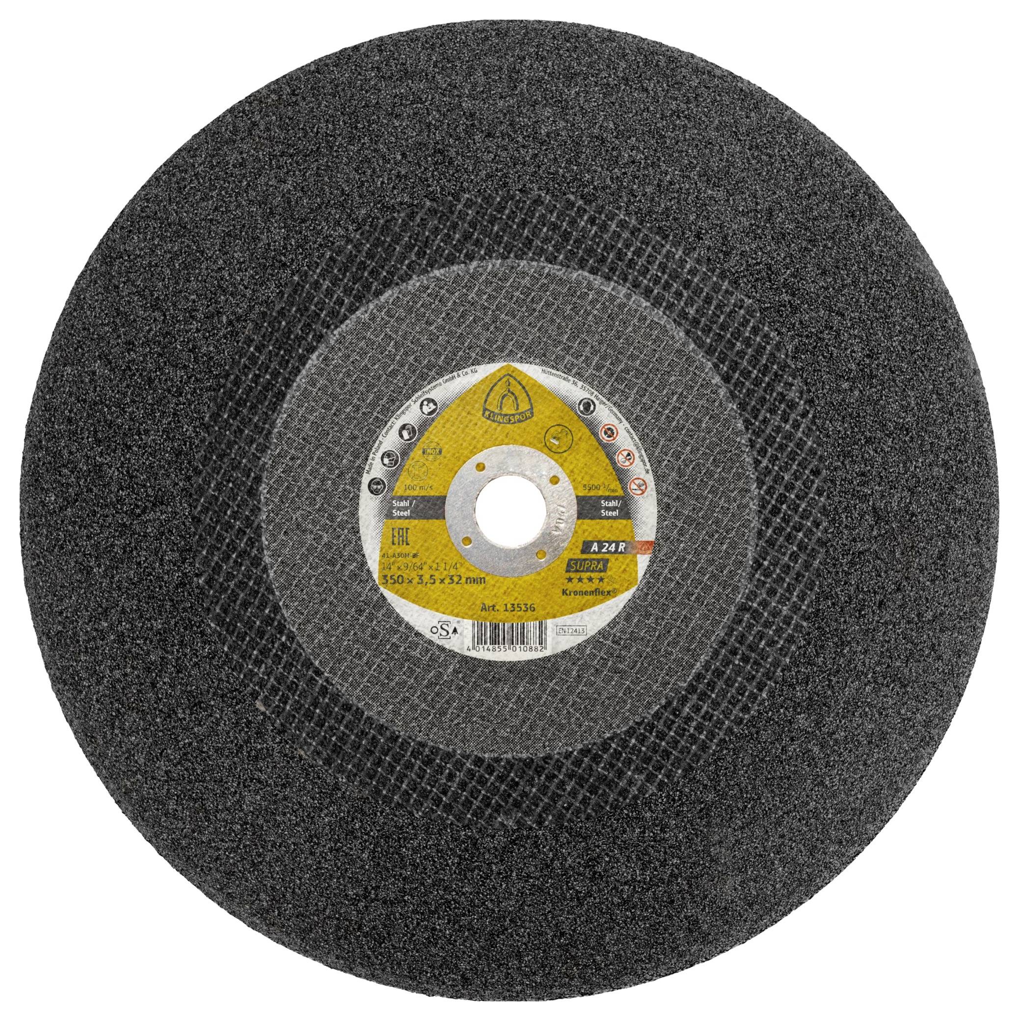 Crni abrazivni rezni disk s žutom i srebrnom naljepnicom u sredini. Koristi se za rezanje metalnih materijala.
