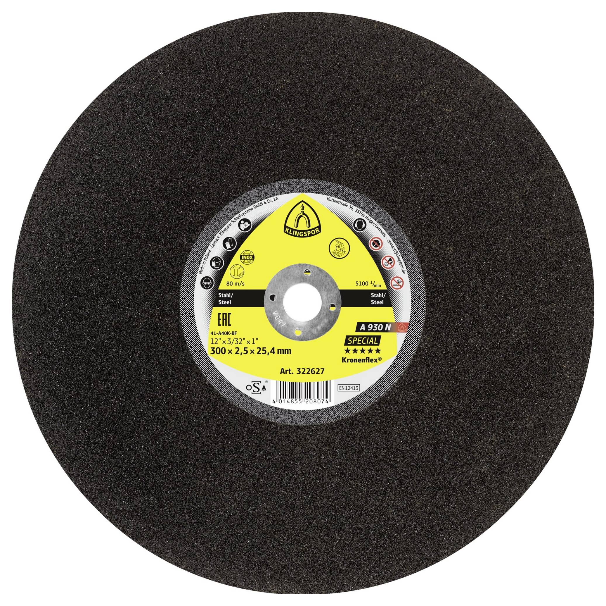 Crni abrazivni rezni disk s yellow i sivom etiketom u sredini koja prikazuje specifikacije. Logotip 'Kronenflex' je vidljiv.