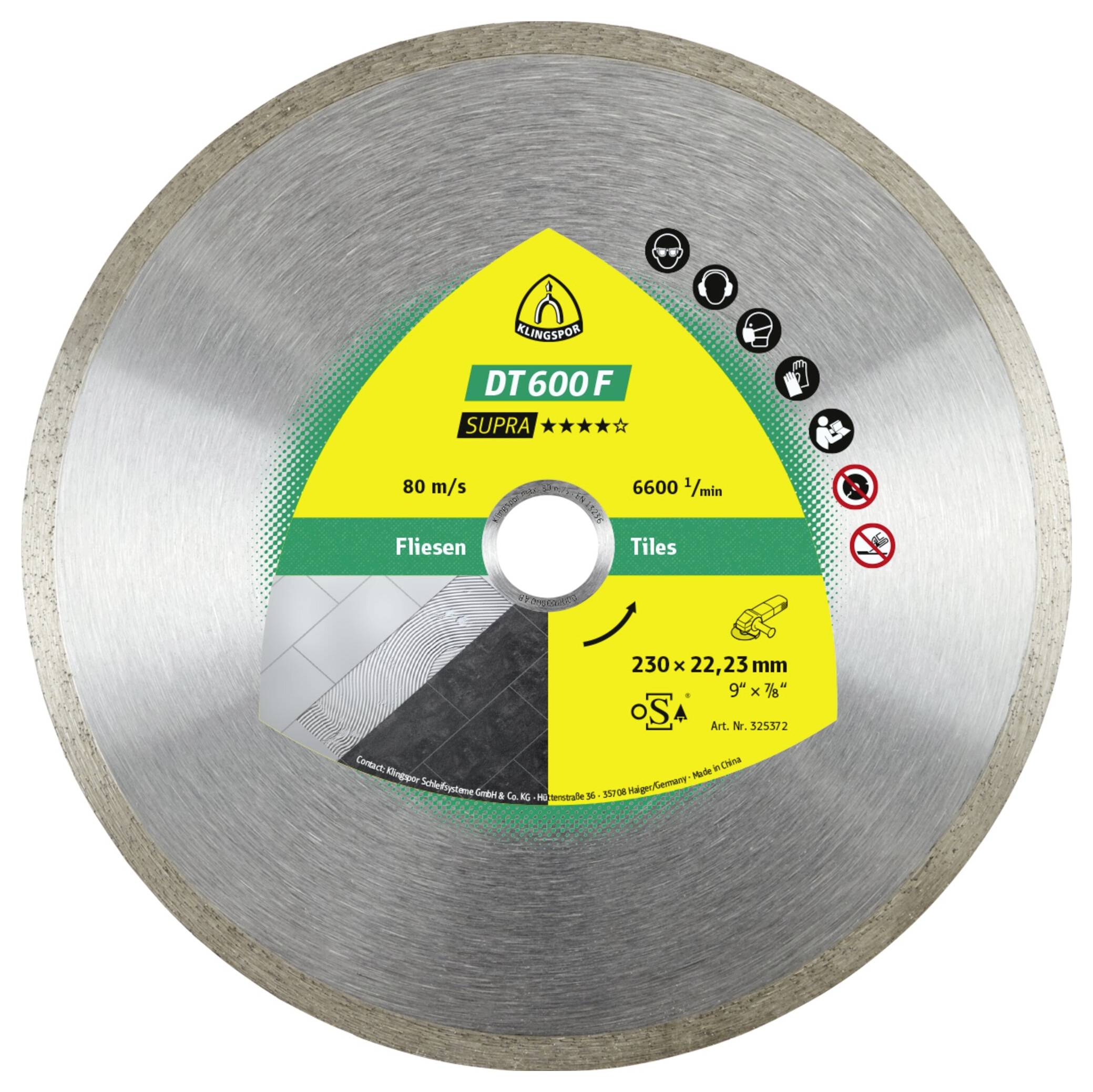 Klingspor 325372 DT 600 F Supra Diamanten doorslijpschijf Diameter 230 mm Boordiameter 22.23 mm Porseleinaardewerk, Tegels, Oventegels (geglazuurd) 1 stuk(s)