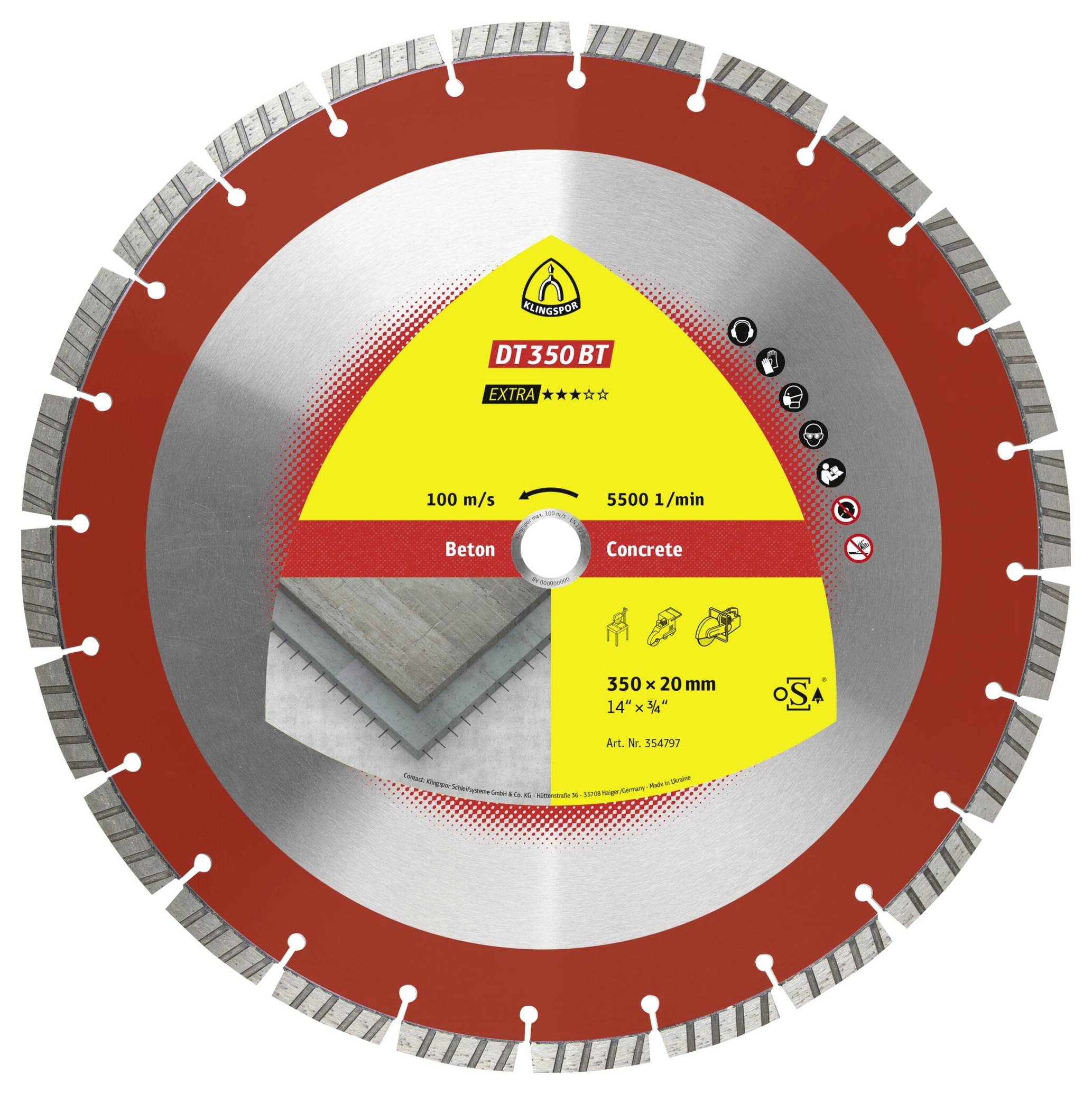 Klingspor 354798 DT 350 BT Extra Diamanten doorslijpschijf Diameter 350 mm Boordiameter 25.4 mm Beton 1 stuk(s)