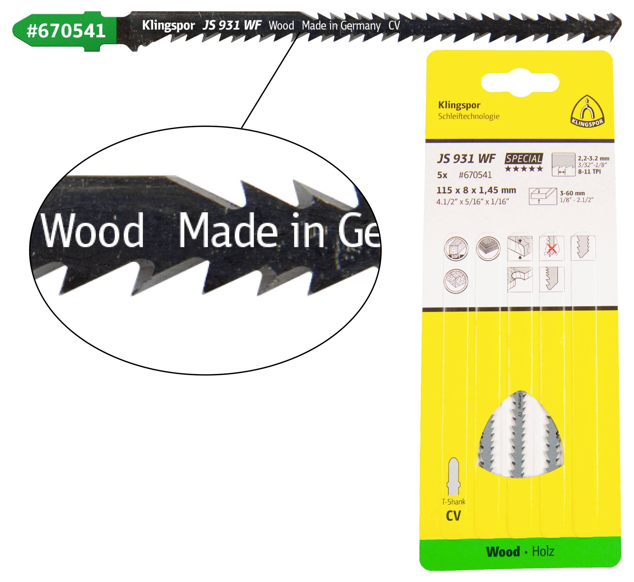 Klingspor 670541 JS 931 WF decoupeerzaagbladen, 115 x 5 x 1,45 mm werklengte 95 Cromvanadium, kruisgeslepen, conisch, 8-11 tanden per inch, SB-verpakt in doos