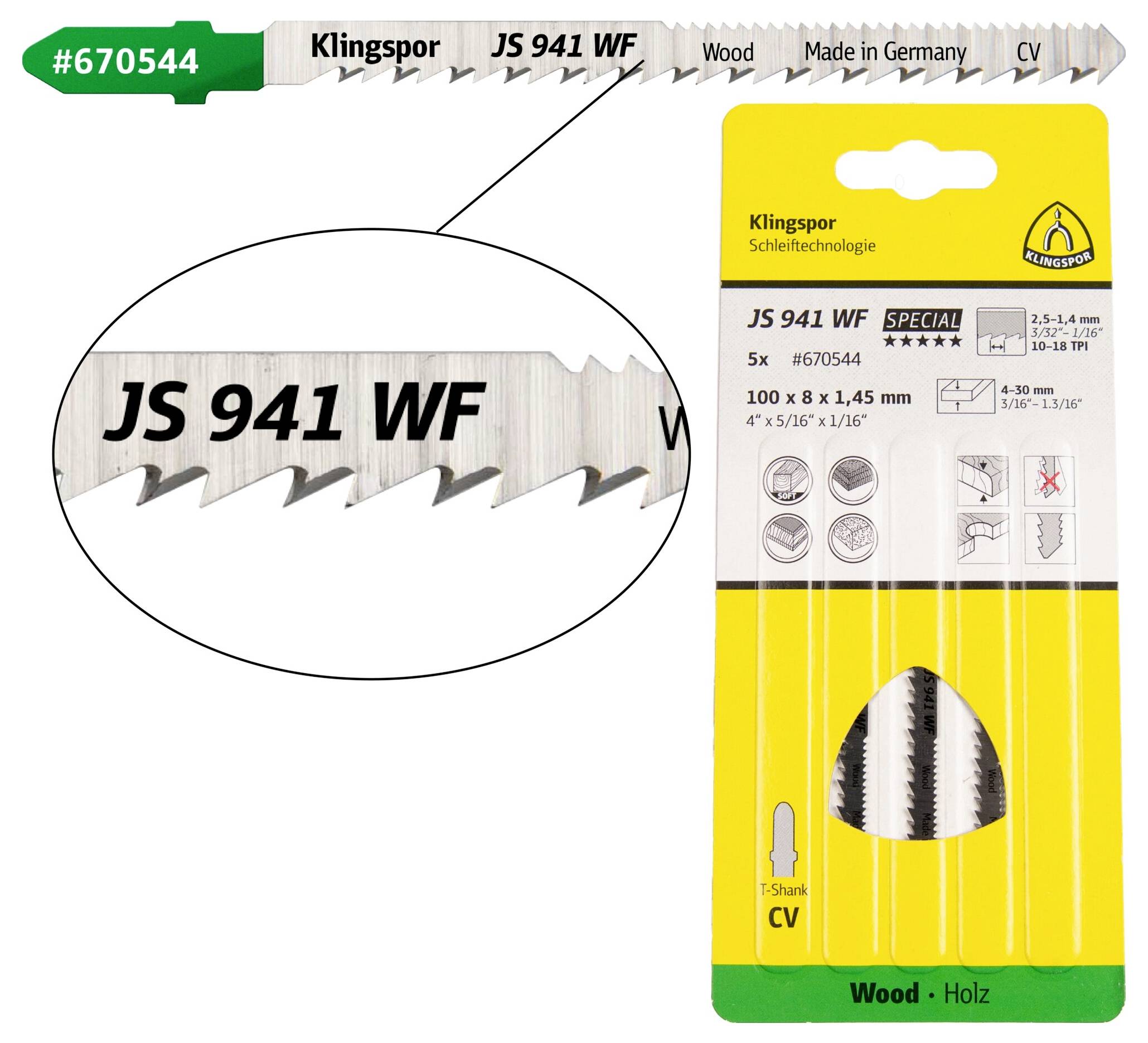 Klingspor 670544 JS 941 WF decoupeerzaagbladen, 100 x 5 x 1,45 mm werklengte 75 Cromvanadium, kruisgeslepen, conisch, 10-18 tanden per inch, SB-verpakt in doos