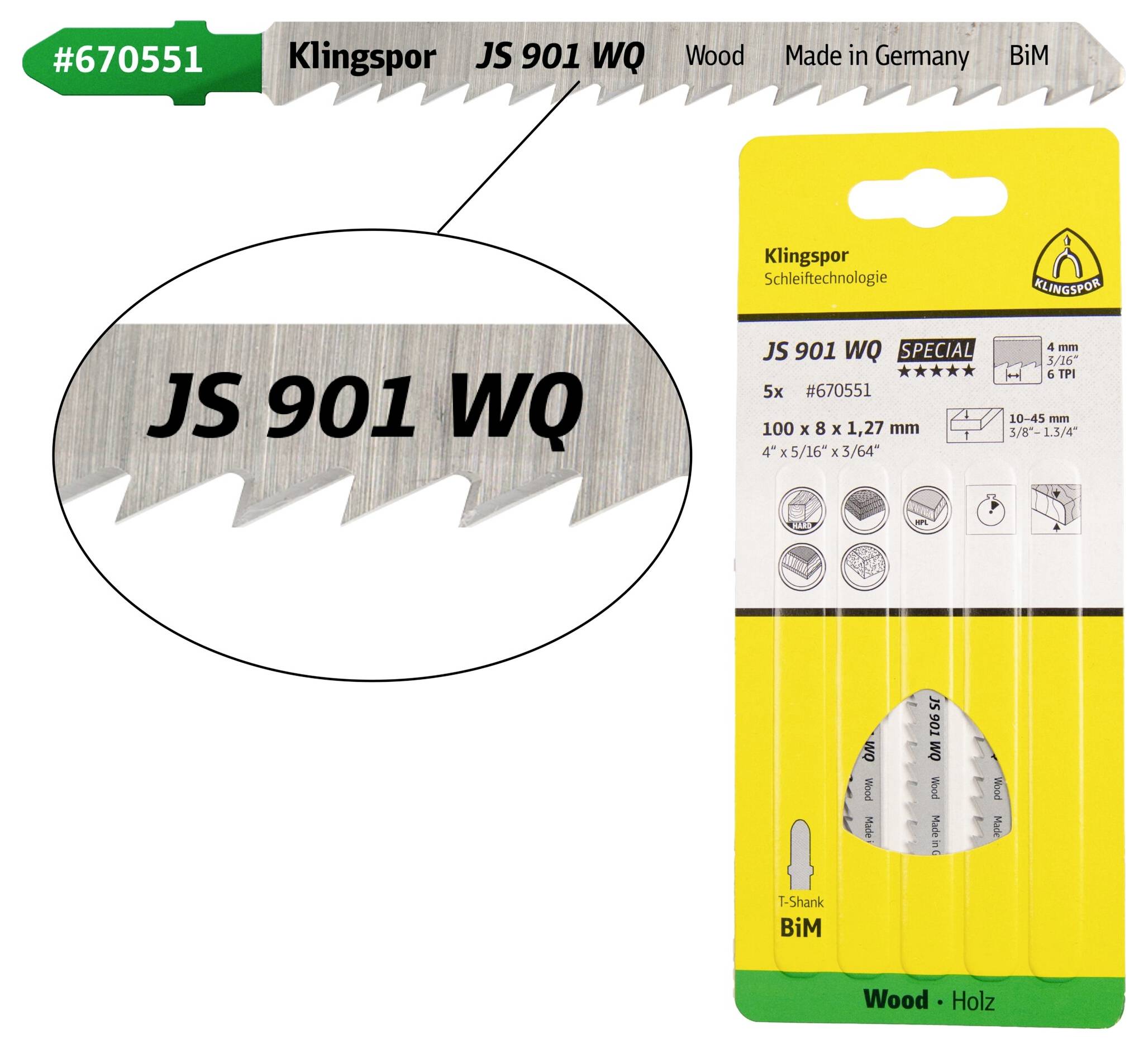 Klingspor 670551 JS 901 WQ decoupeerzaagbladen, 100 x 8 x 1,27 mm werklengte 75bi-metaal, kruisgeslepen, conisch, 6 tanden per inch, SB-verpakt in doos 5