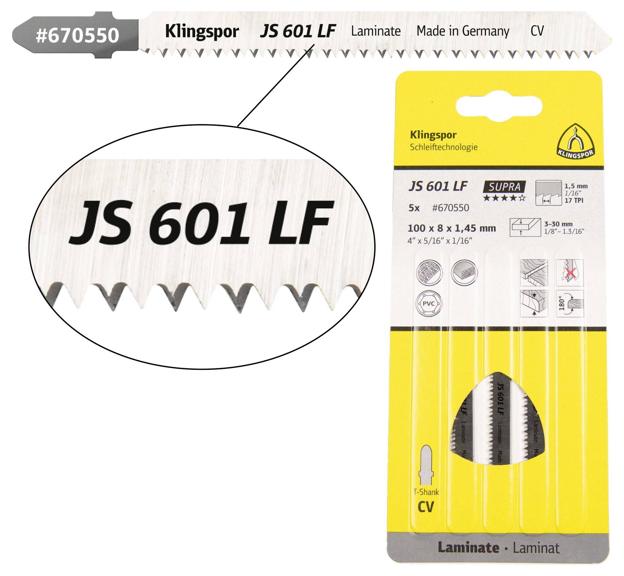 Klingspor 670550 JS 601 LF decoupeerzaagbladen, 100 x 8 x 1,45 mm werklengte 75 Cromvanadium, kruisgeslepen, conisch, 17 tanden per inch, SB-verpakt in doos 5