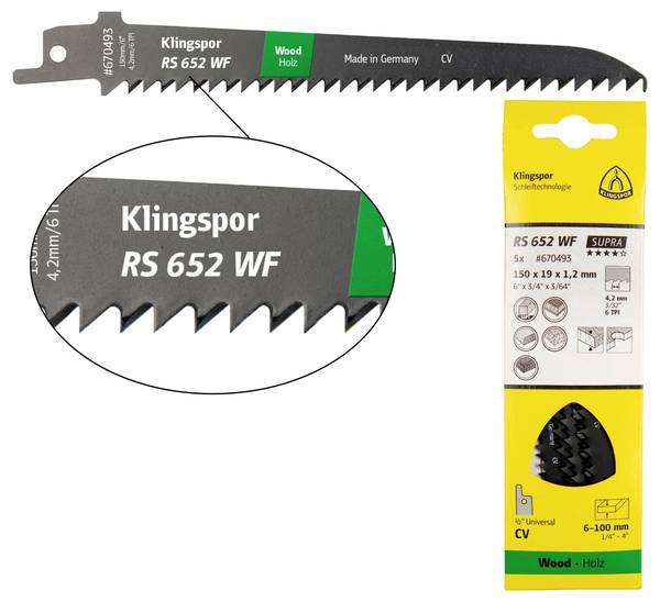 Klingspor 670493 RS 652 WF listovi za recipročnu pilu, 150 x 19 x 1,2 mm, korisna duljina 130 mm, krom-vanadij, glodani, set, 6 zuba po inču, pakirano u blisteru u kartonskoj kutiji Duljina lista pile 130 mm 5 St.
