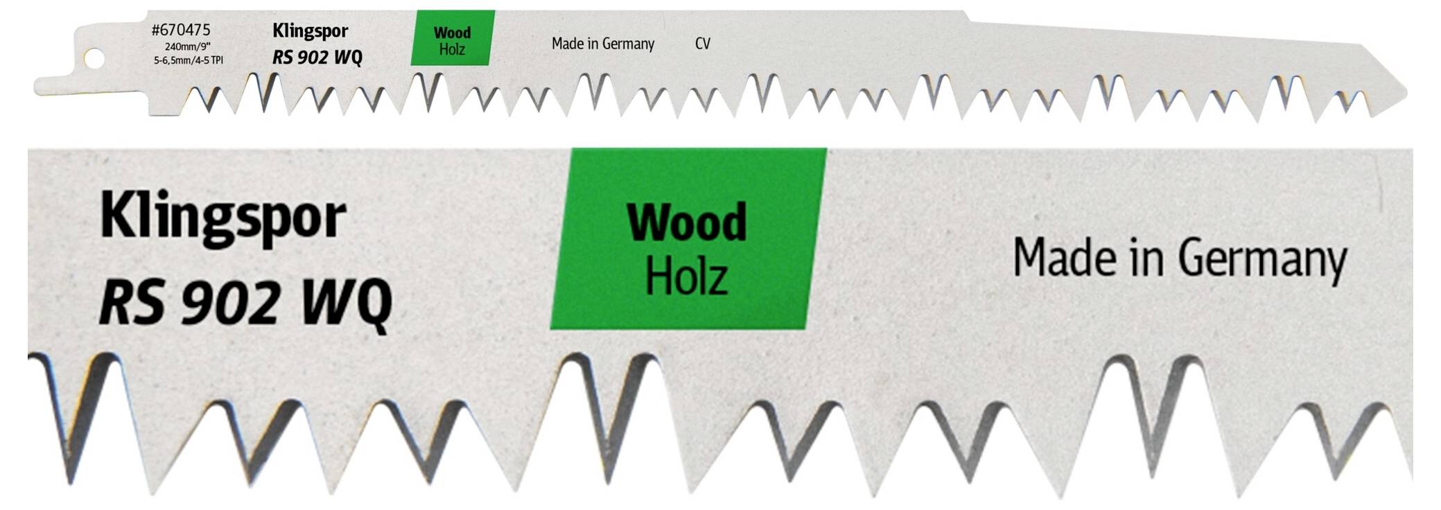 Recipročna pila oštrica označena kao 'Klingspor RS 902 WQ' i 'Wood Holz' sa nazubljenim zubima, izrađena u Njemačkoj, namijenjena rezanju drva.