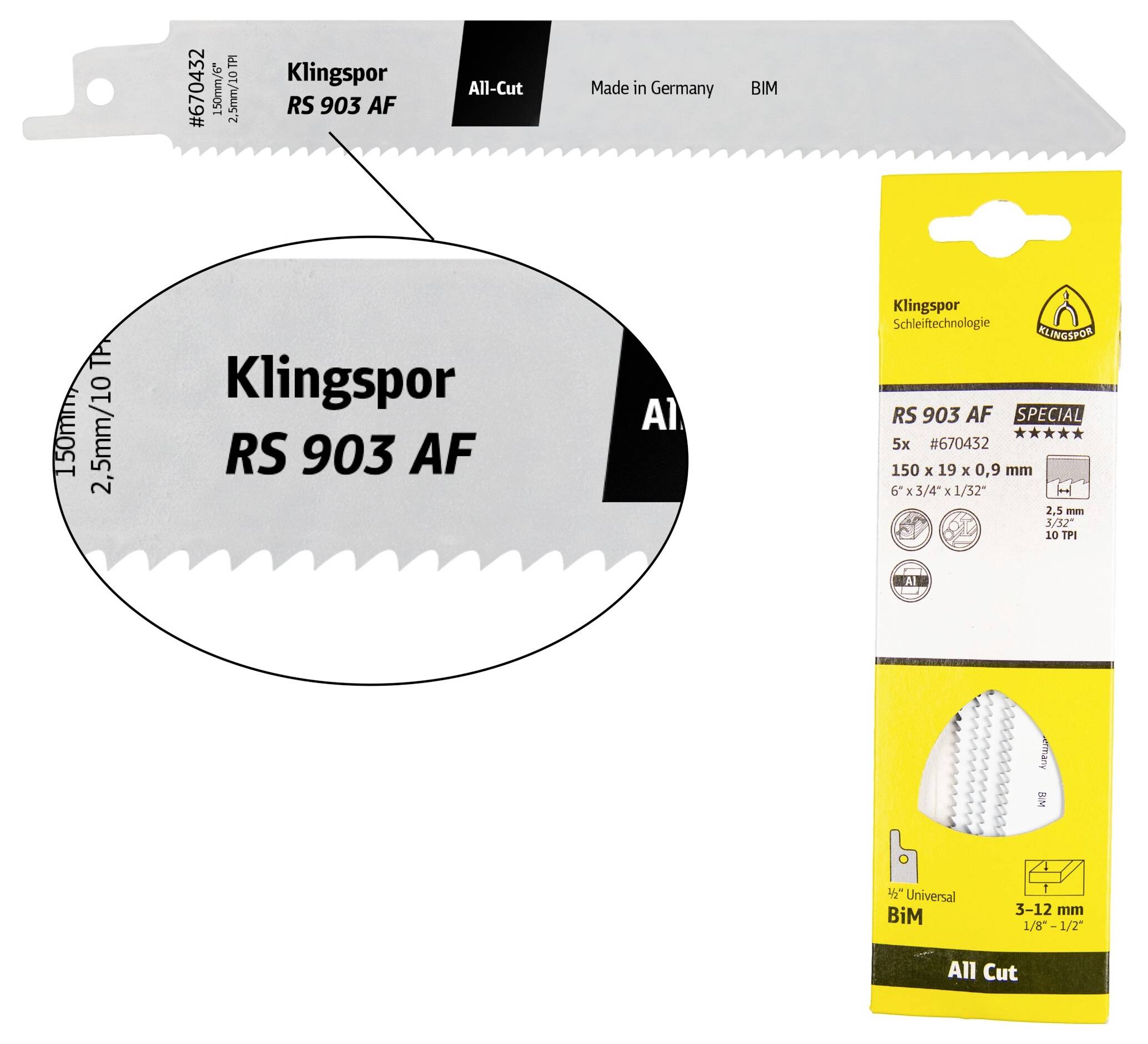Klingspor 670362 RS 903 af reciprozaagbladen, 200 x 19 x 0,9 mm werklengte 180 bi-metaal, gefreesd, gezet, 10 tanden per inch, SB-verpakt in doos