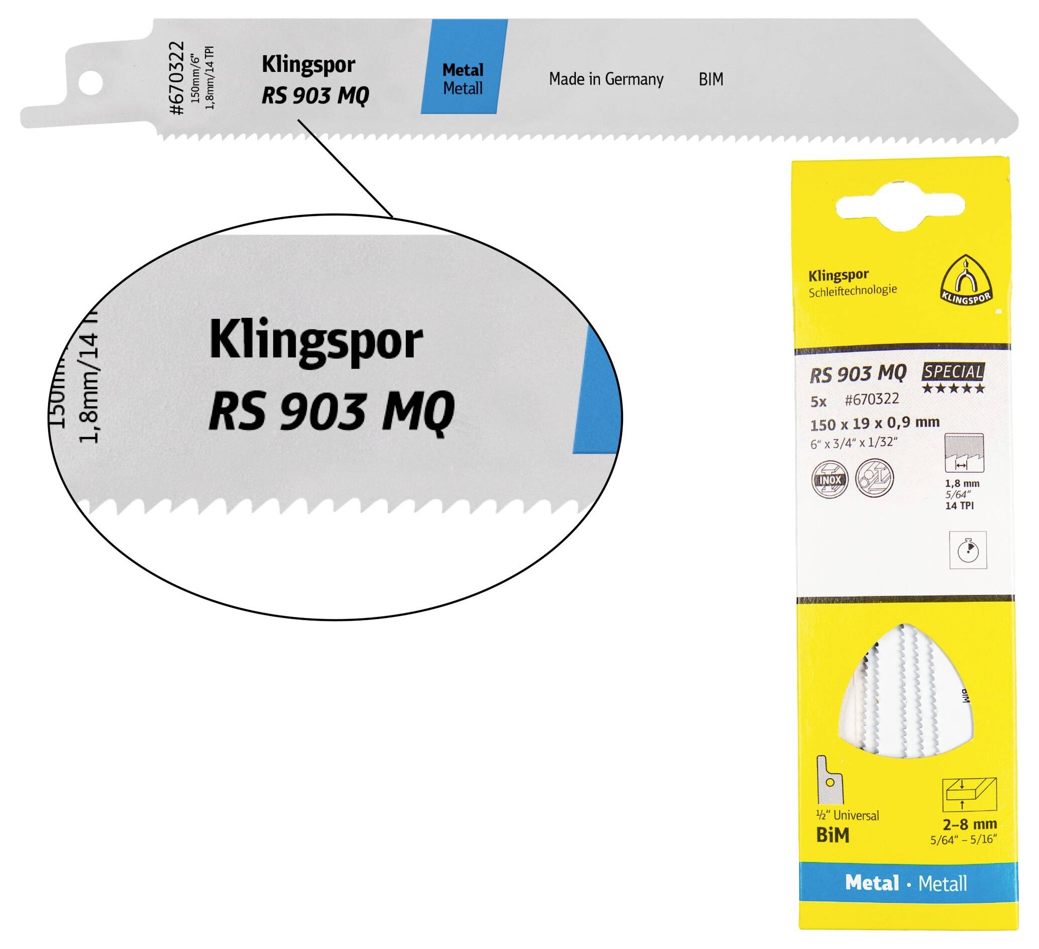 Klingspor 670322 RS 903 MQ reciprozaagbladen, 150 x 19 x 0,9 mm werklengte 130 bi-metaal, gefreesd, gezet, 14 tanden per inch, SB-verpakt in doos