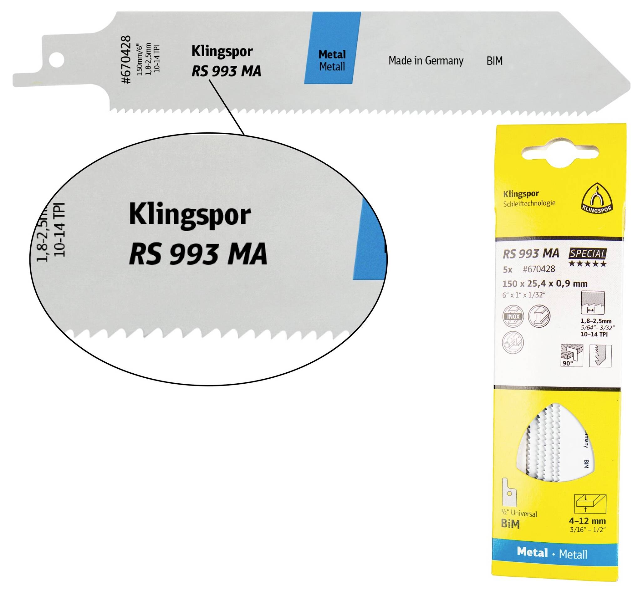 Klingspor 670338 RS 993 MA reciprozaagbladen, 225 x 25,4 x 0,9 mm werklengte 205bi-metaal, gefreesd, gezet, 10-14 tanden per inch, SB-verpakt in doos