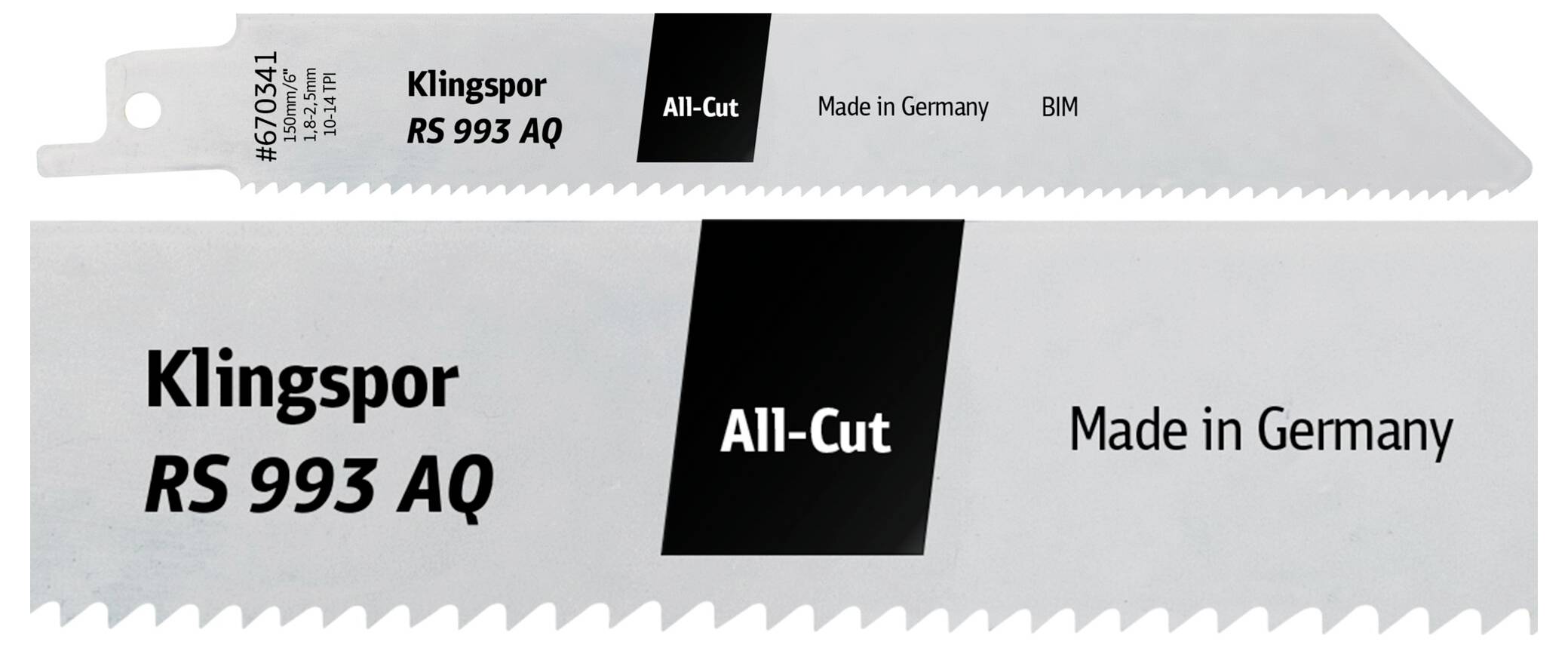 List za rezanje s tekstom 'Klingspor RS 993 AQ', 'All-Cut' i 'Napravljeno u Njemačkoj'. List je metalan, nazubljen i koristi se za rezanje različitih materijala.