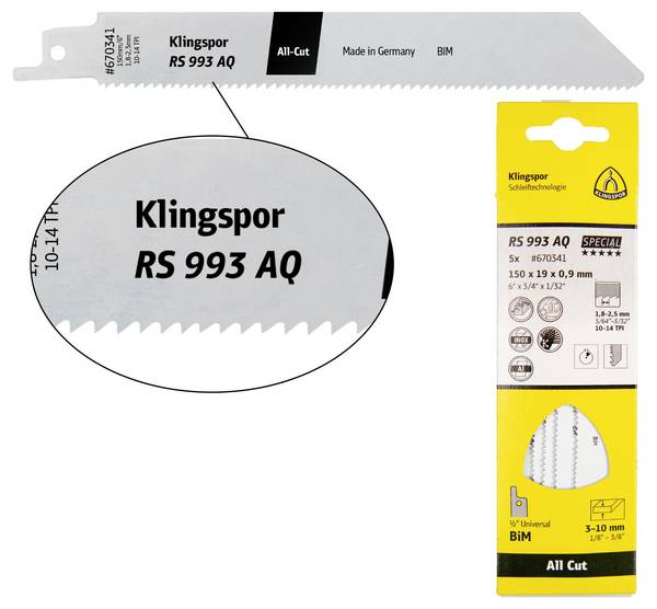 Klingspor 670341 RS 993 AQ listovi za recipročnu pilu, 150 x 19 x 0,9 mm, korisna duljina 130 mm, bimetalni, glodani, set, 10-14 zuba po inču, pakirano u blisteru u kartonskoj kutiji Duljina lista pile 130 mm 5 St.