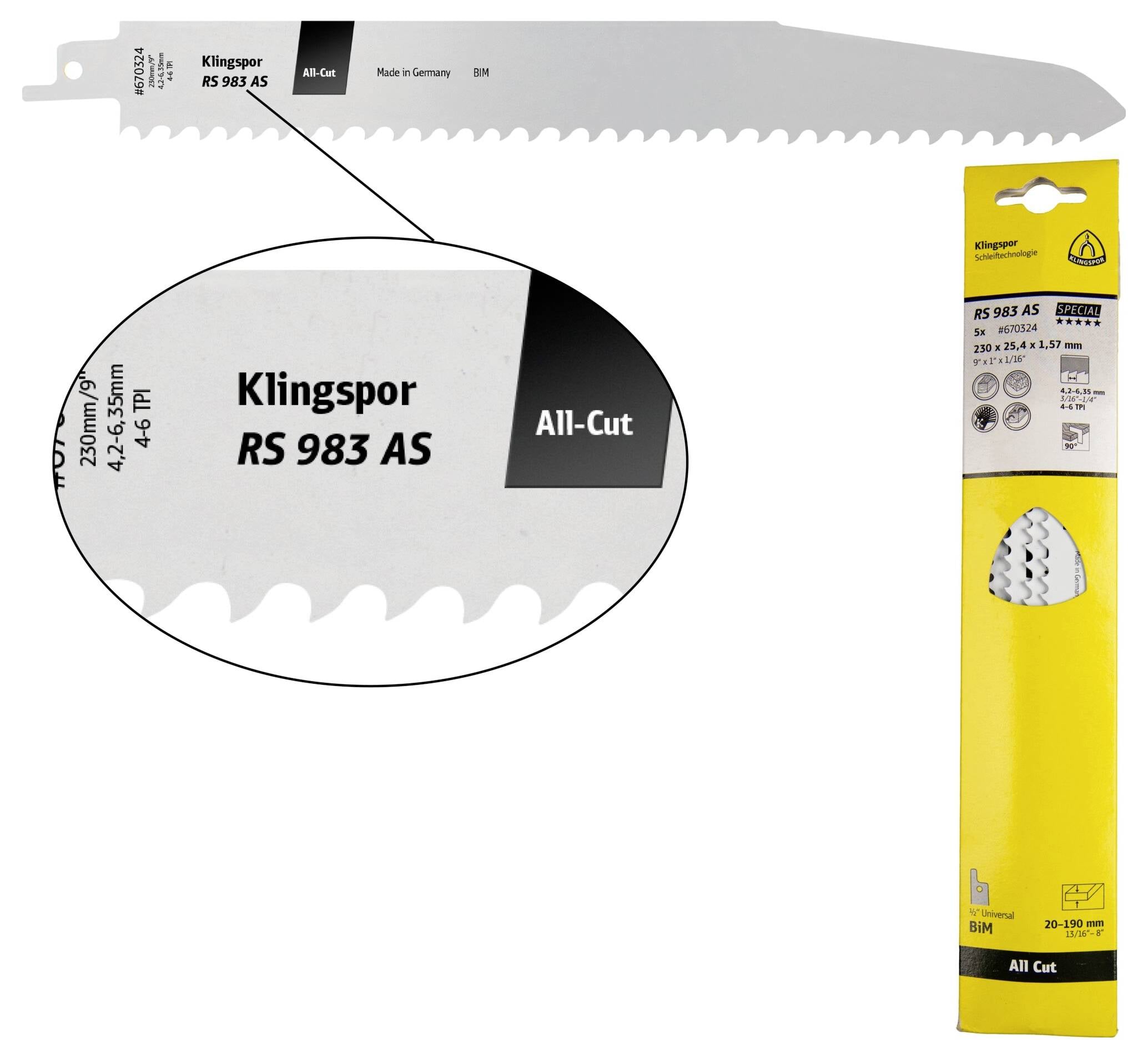 Klingspor 670324 RS 983 AS listovi za recipročnu pilu, 230 x 25,4 x 1,57 mm, korisna duljina 210 mm, bimetalni, glodani, uklopljeni, 4-6 zuba po inču, pakirani u blisteru u kartonskoj kutiji Duljina lista pile 210 mm 5 St.
