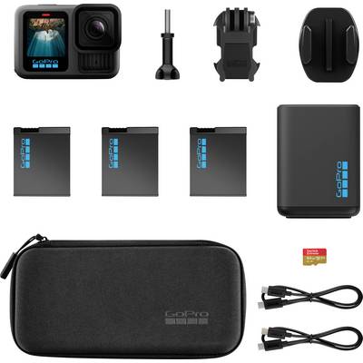 Komplet GoPro kamere koji uključuje kameru, tri baterije, punjač, kućište, nosače, futrolu, memorijsku karticu i kabele, uredno složeno.