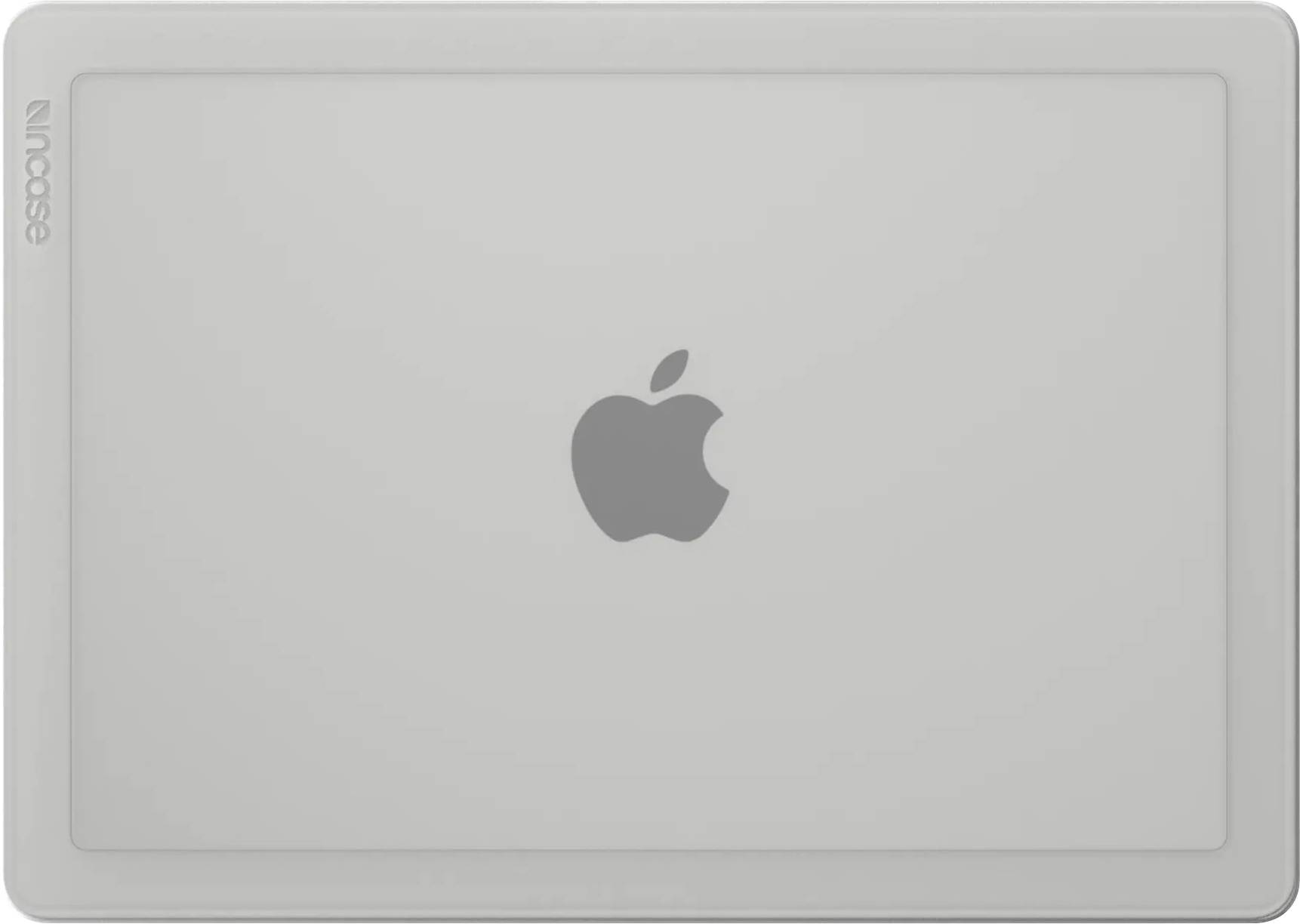 Zatvoreni srebrni prijenosnik s logotipom 'Apple' centrirano na poklopcu, okružen prozirnim zaštitnim 'Incase' futrolom.