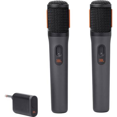 Dva JBL bežična mikrofona i prijemnik. Mikrofoni su crni s elegantnim dizajnom, opremljeni tipkom za uključivanje na ručki.