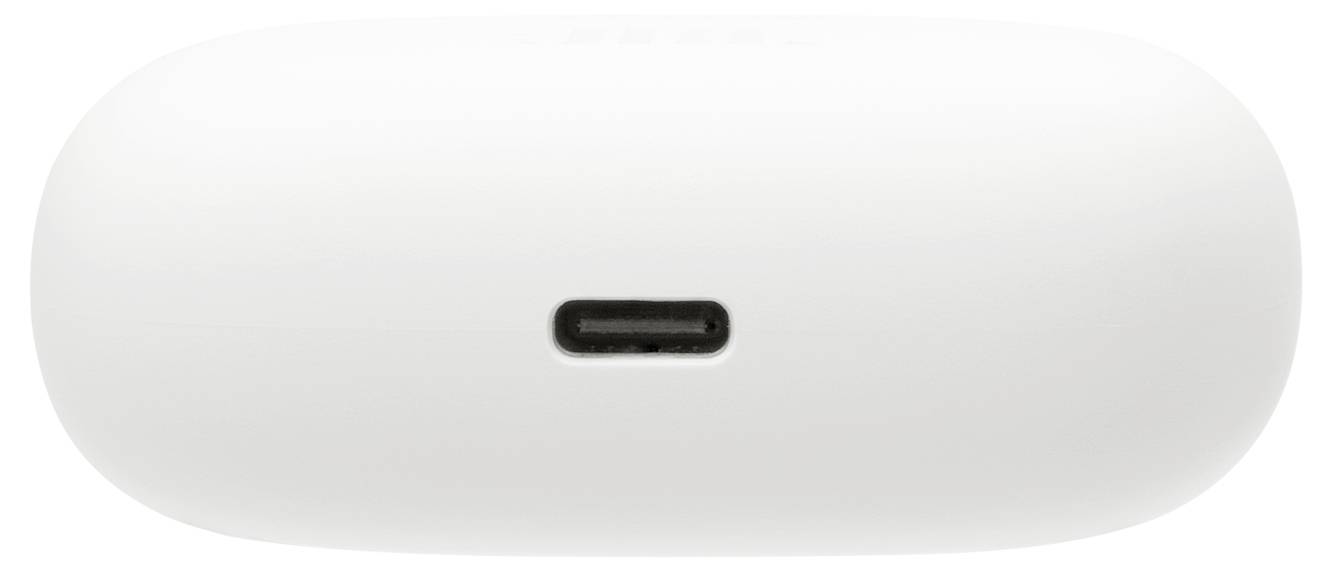Bijeli, ovalnog oblika futrola s USB-C priključkom u sredini, snimljena sa strane.