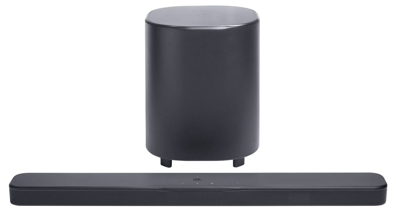 Elegantan crni soundbar i odgovarajući subwoofer postavljeni su na bijeloj pozadini, dizajnirani za immersivno audio iskustvo u kućnoj zabavi.