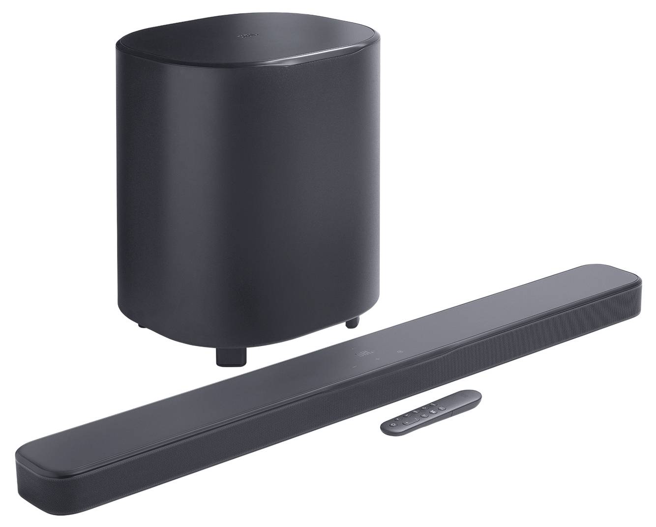 Crni soundbar, subwoofer i daljinski upravljač.