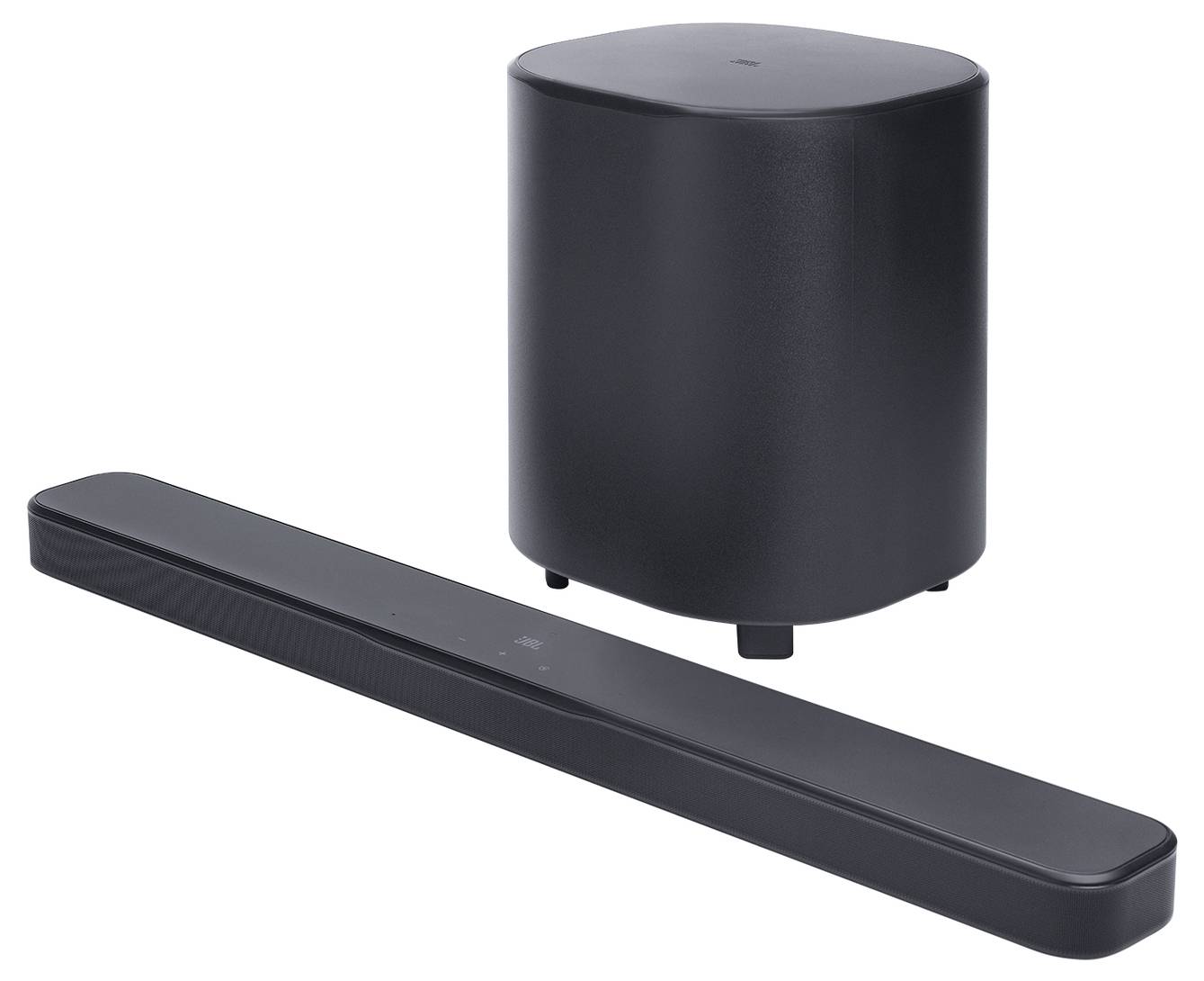 Elegantan crni zvučni sustav (soundbar) i subwoofer postavljeni na bijeloj pozadini.
