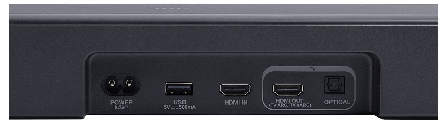 Stražnji panel elektroničkog uređaja s priključcima: napajanje, USB, HDMI ulaz, HDMI izlaz i optički. Koristi se za audio-vizualne povezivosti.